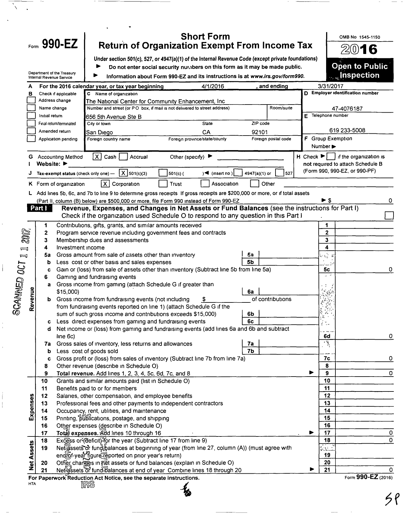 Image of first page of 2016 Form 990EZ for National Center for Community Enhanceme