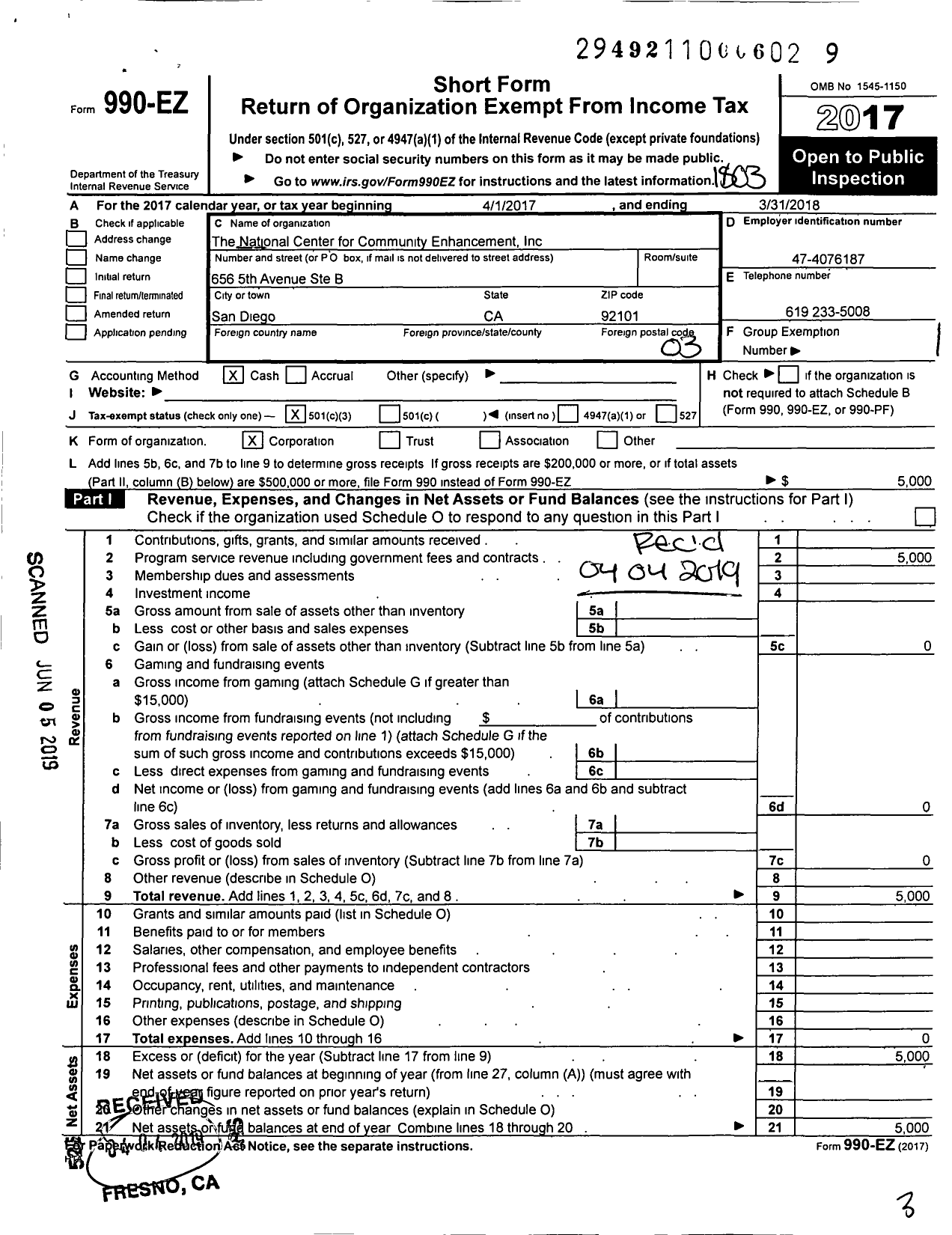 Image of first page of 2017 Form 990EZ for National Center for Community Enhanceme