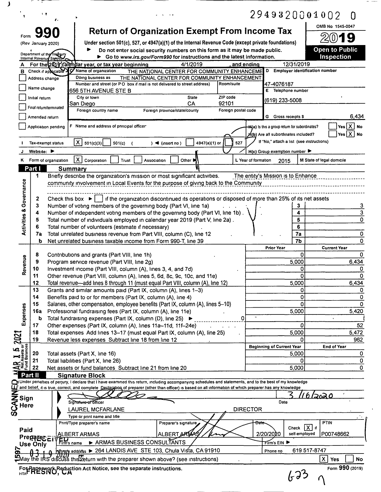 Image of first page of 2019 Form 990 for National Center for Community Enhanceme