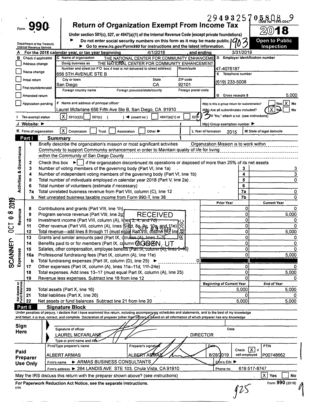 Image of first page of 2018 Form 990 for National Center for Community Enhanceme