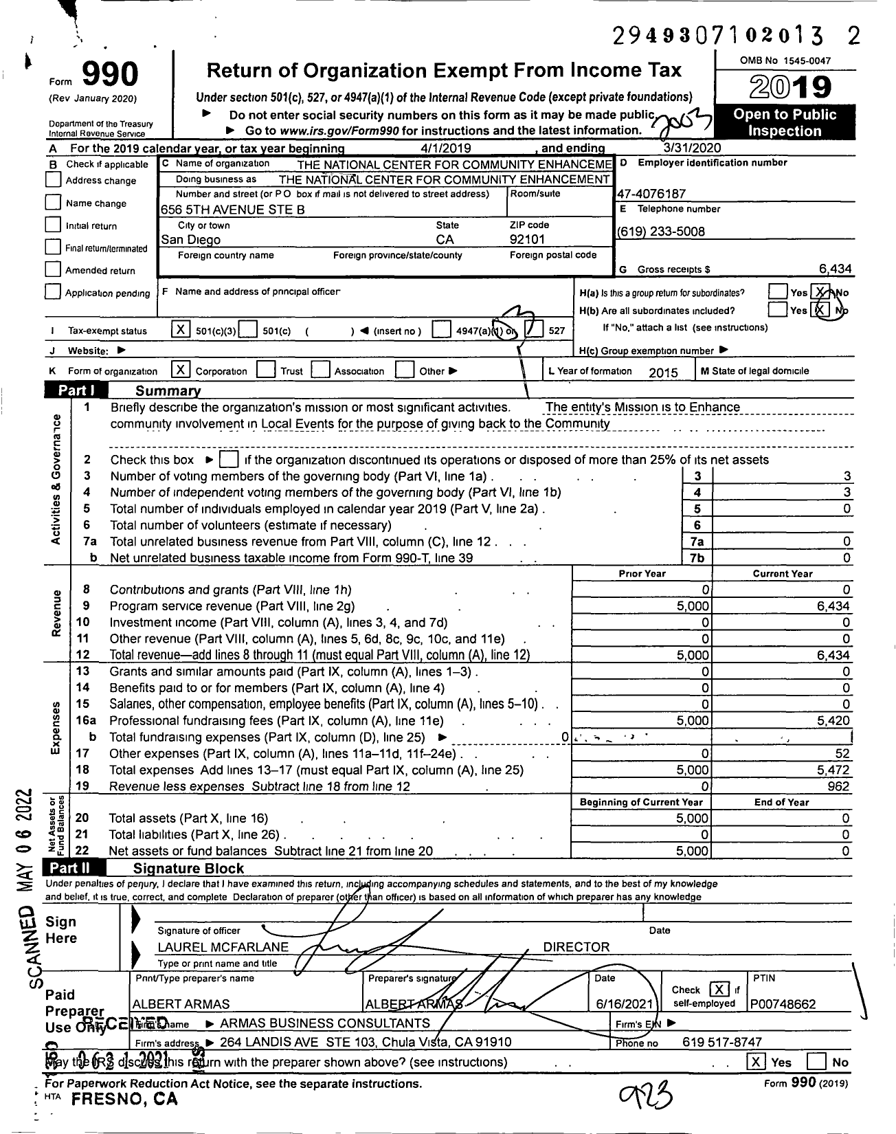 Image of first page of 2019 Form 990 for National Center for Community Enhanceme
