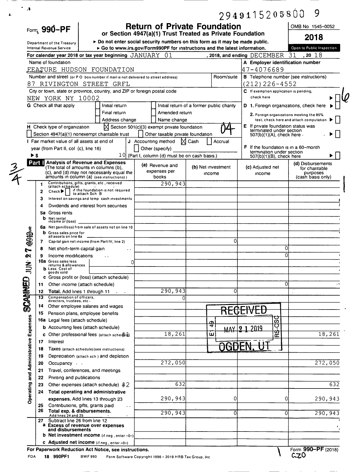 Image of first page of 2018 Form 990PF for Feature Hudson Foundation