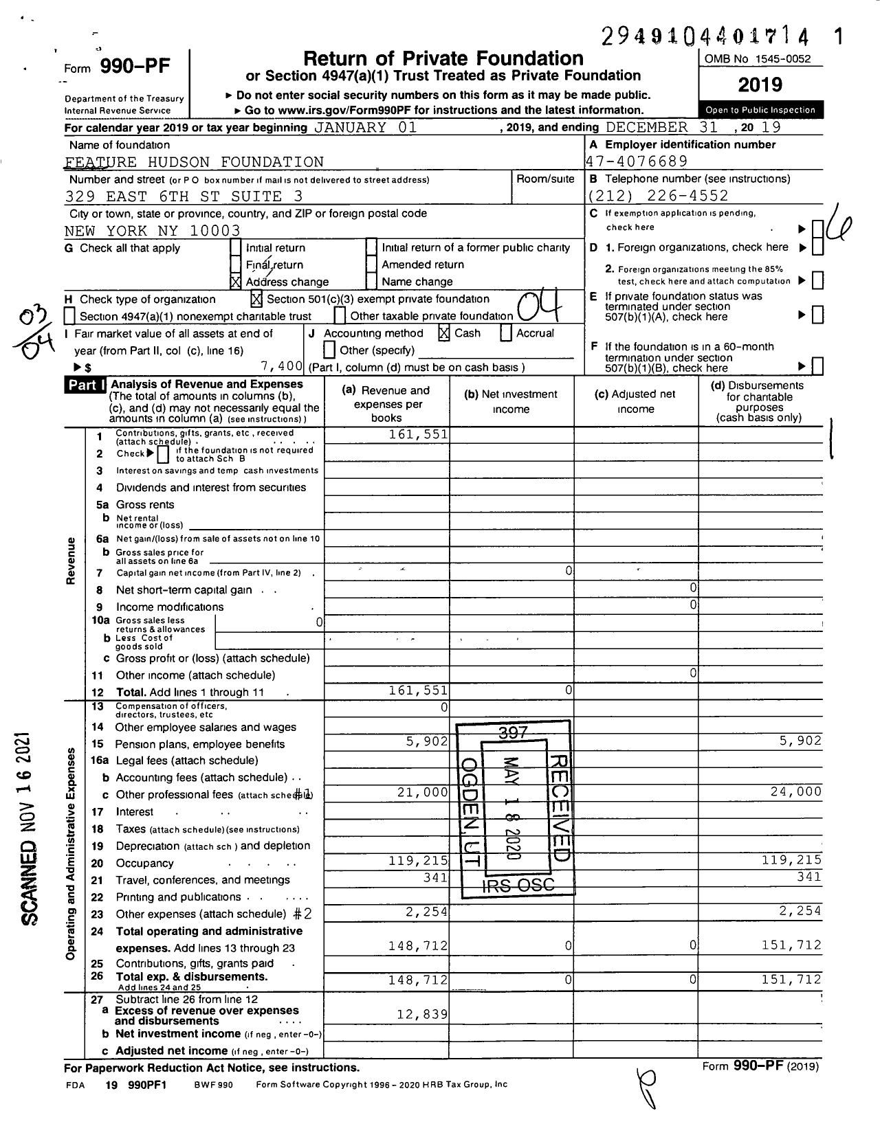 Image of first page of 2019 Form 990PF for Feature Hudson Foundation