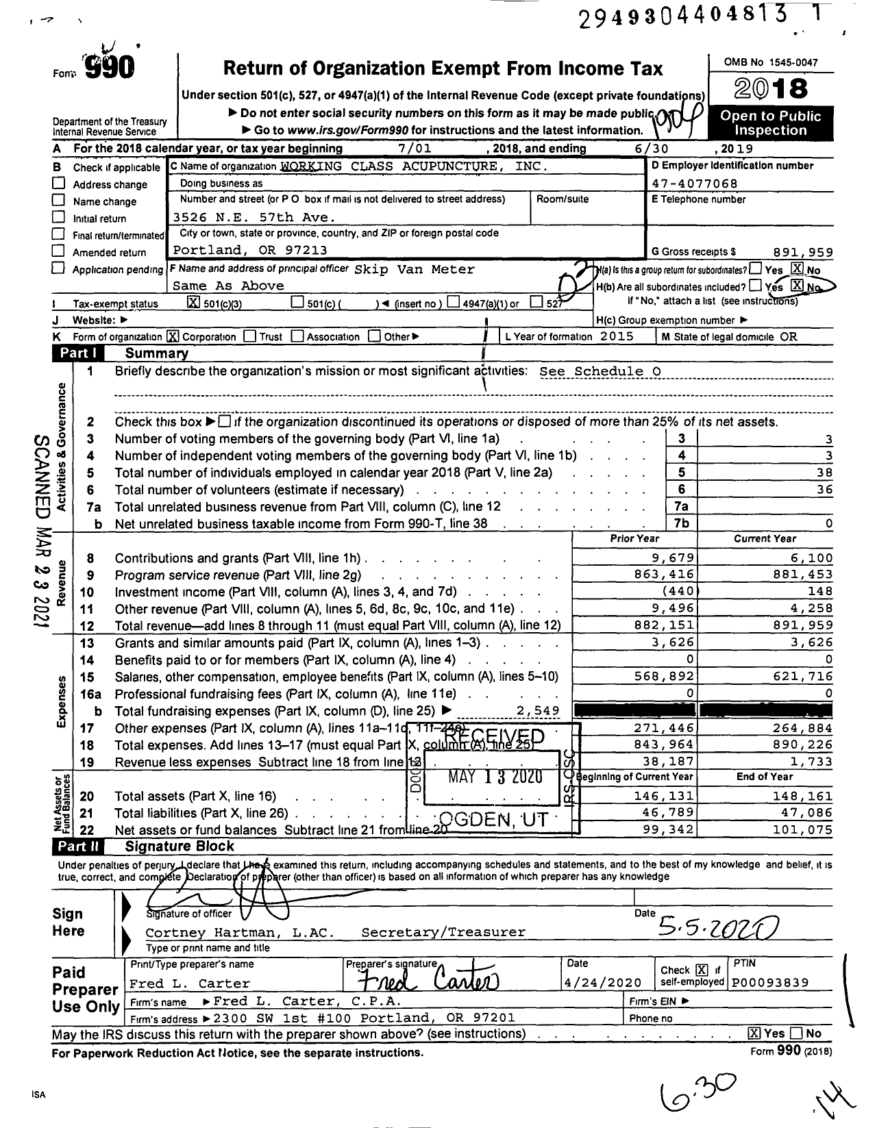 Image of first page of 2018 Form 990 for Working Class Acupuncture