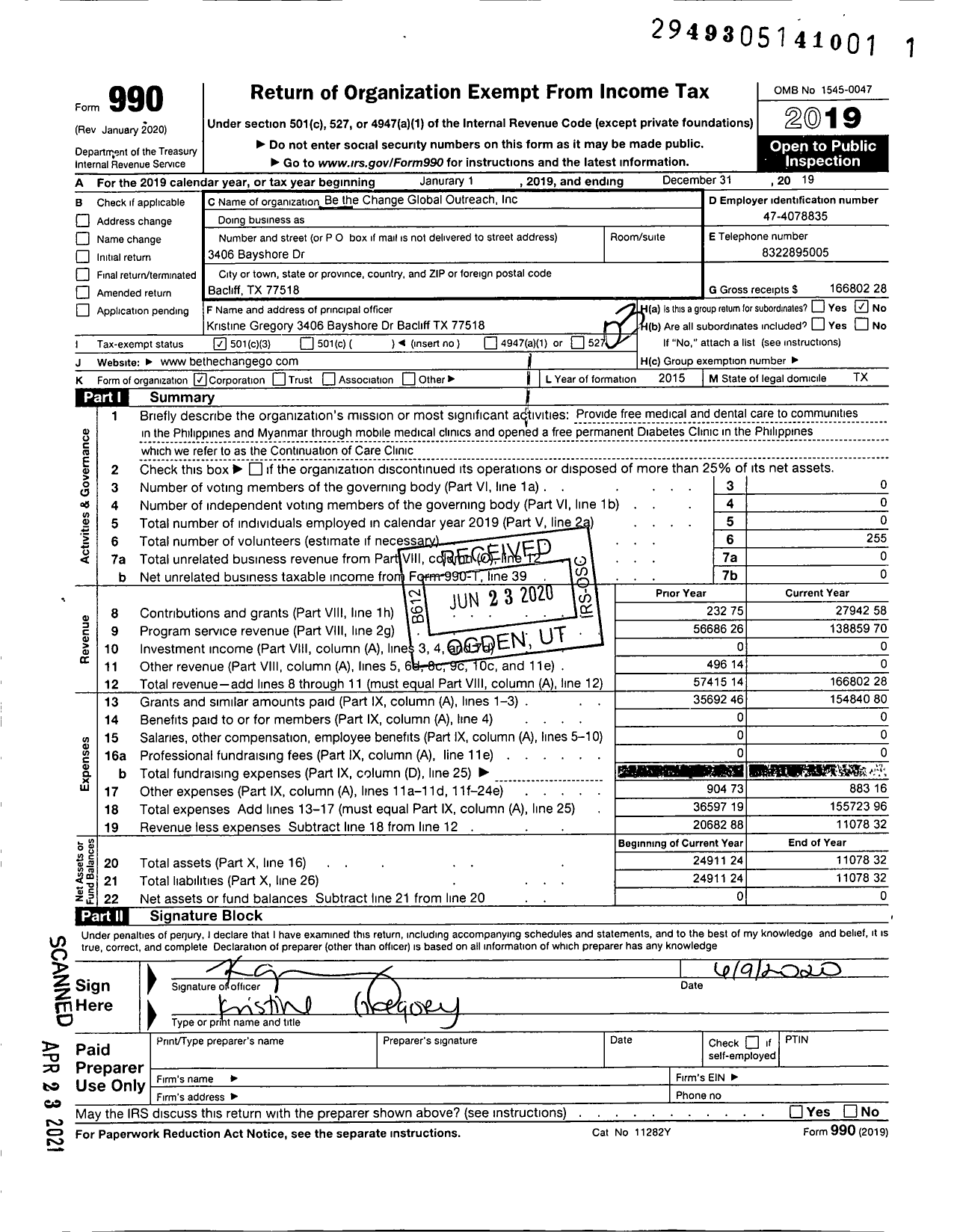 Image of first page of 2019 Form 990 for Be the Change Global Outreach