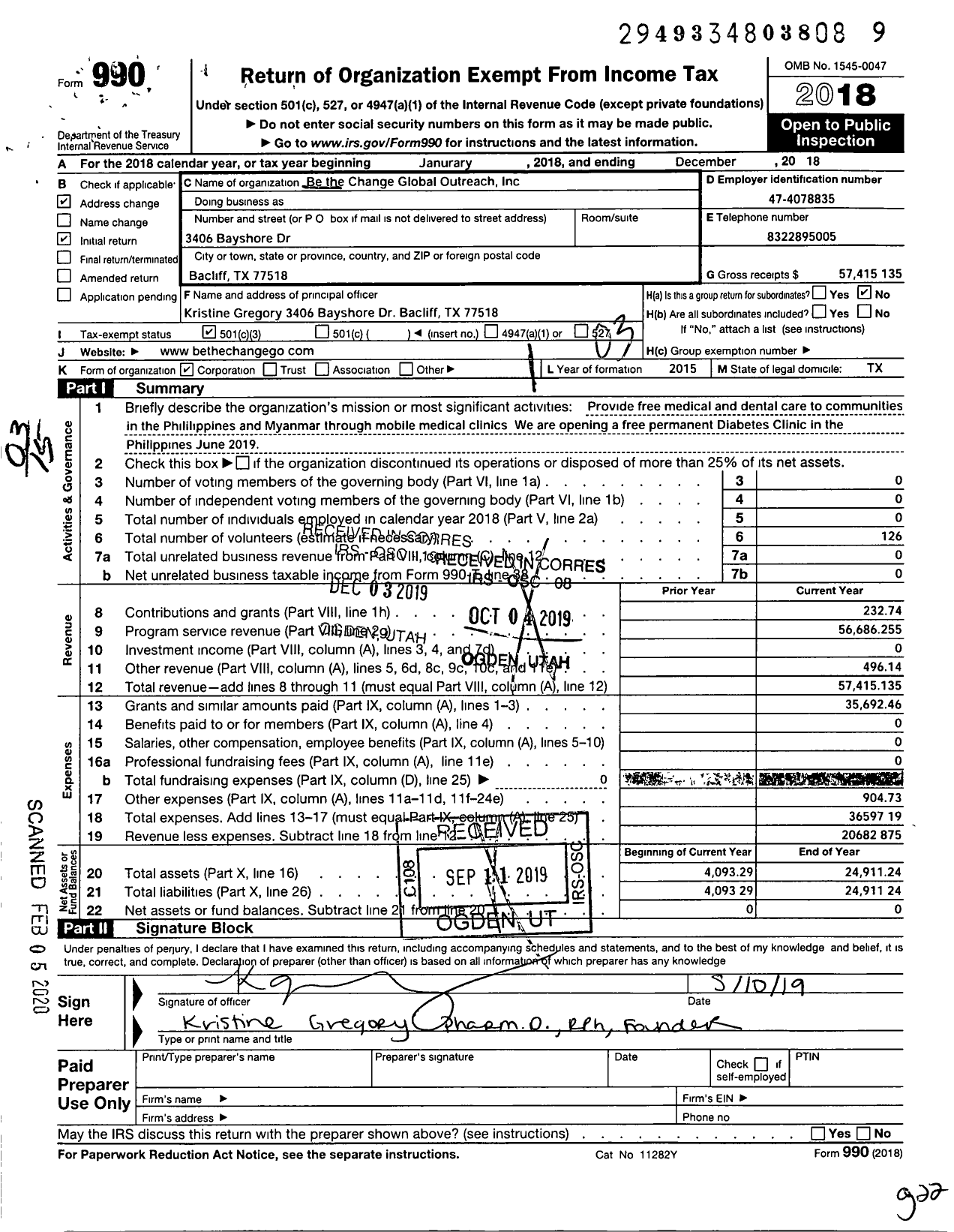 Image of first page of 2018 Form 990 for Be the Change Global Outreach