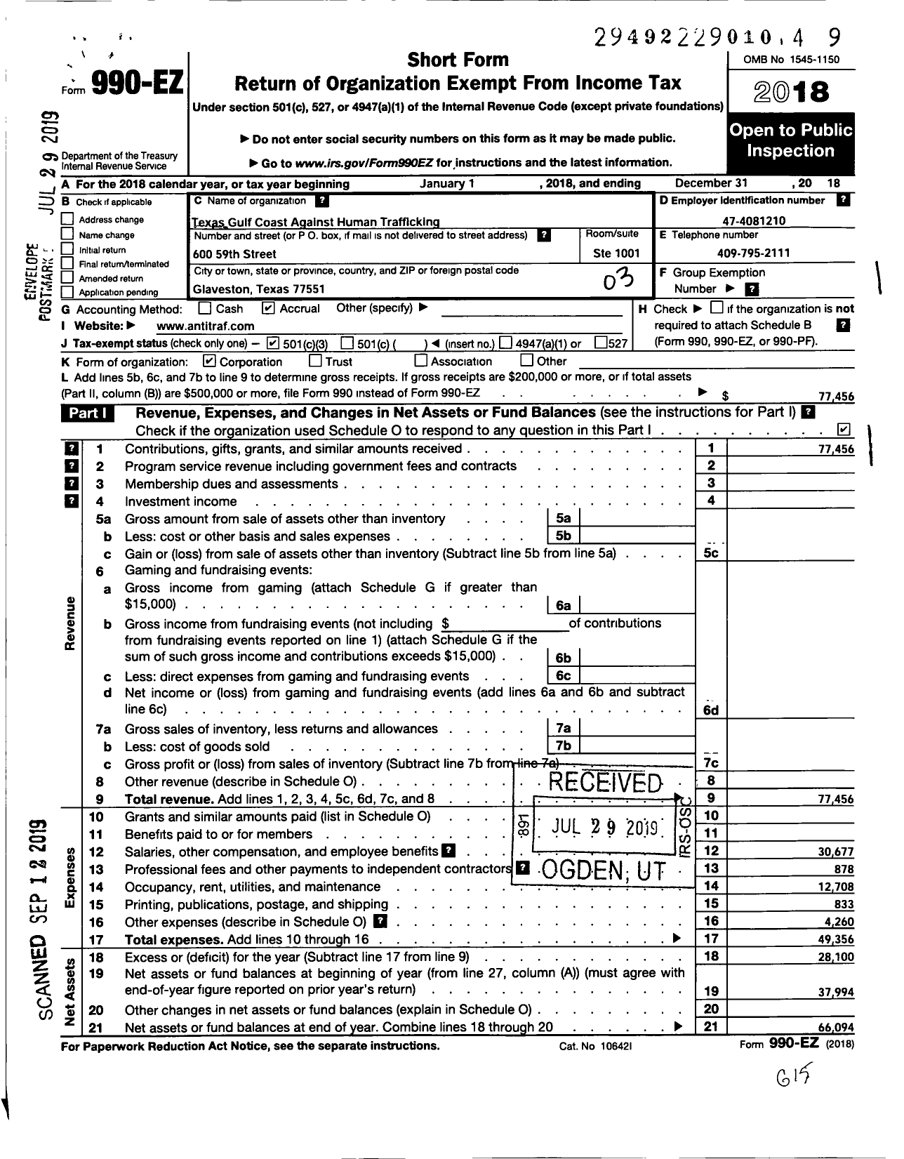 Image of first page of 2018 Form 990EZ for Texas Gulf Coast Against Human Trafficking