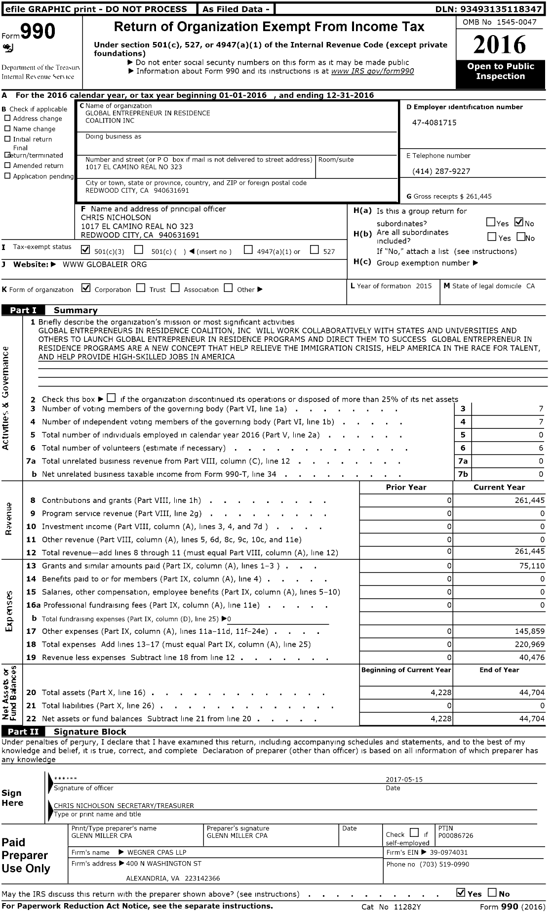 Image of first page of 2016 Form 990 for Global Entrepreneur in Residence Coalition