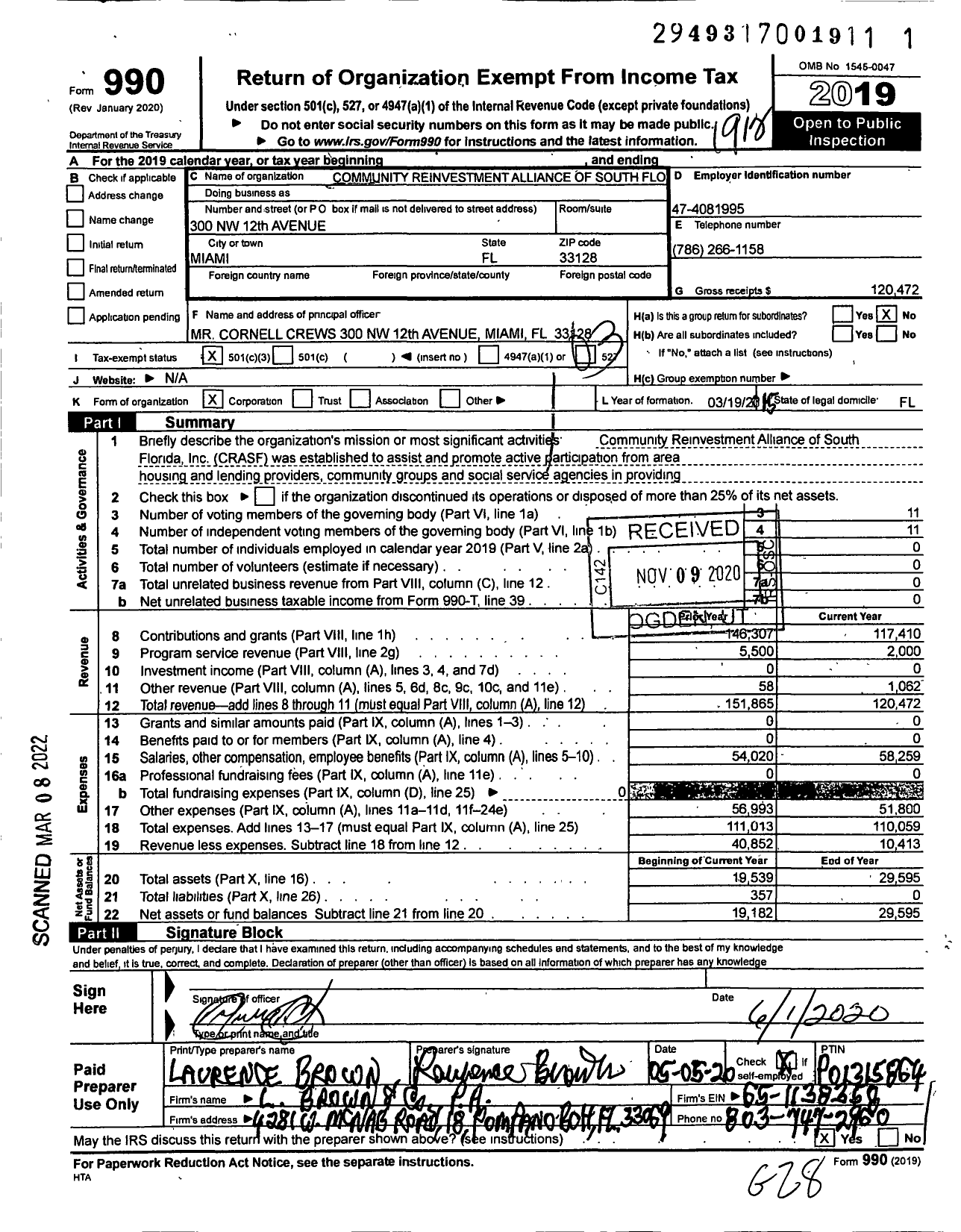 Image of first page of 2019 Form 990 for Community Reinvestment Alliance of Florida