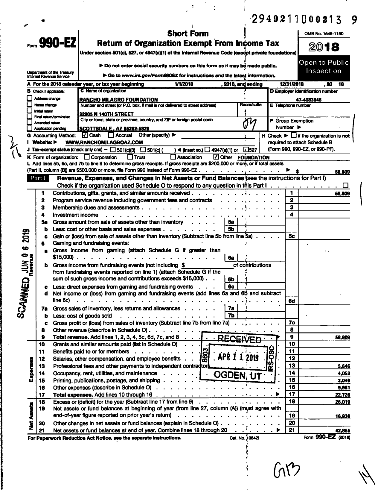 Image of first page of 2018 Form 990EZ for Rancho Milagro Foundation