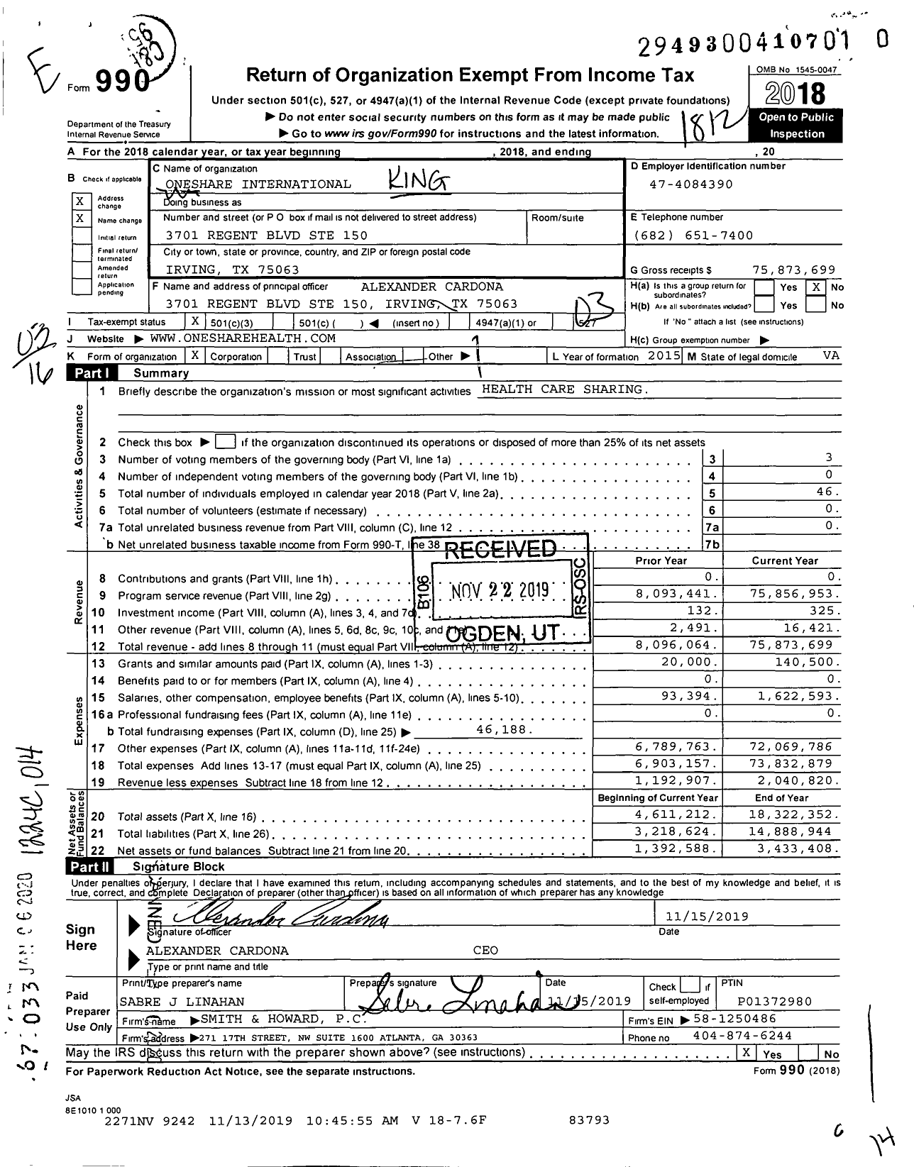 Image of first page of 2018 Form 990 for OneShare International