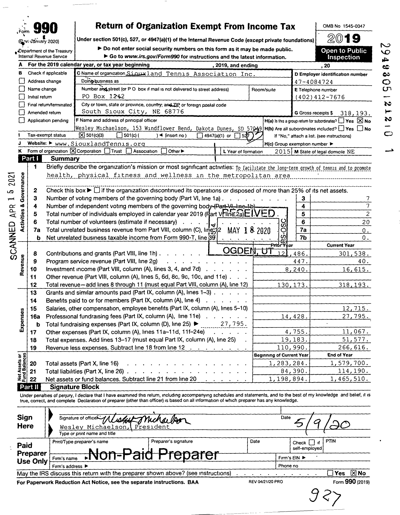 Image of first page of 2019 Form 990 for Siouxland Tennis Association