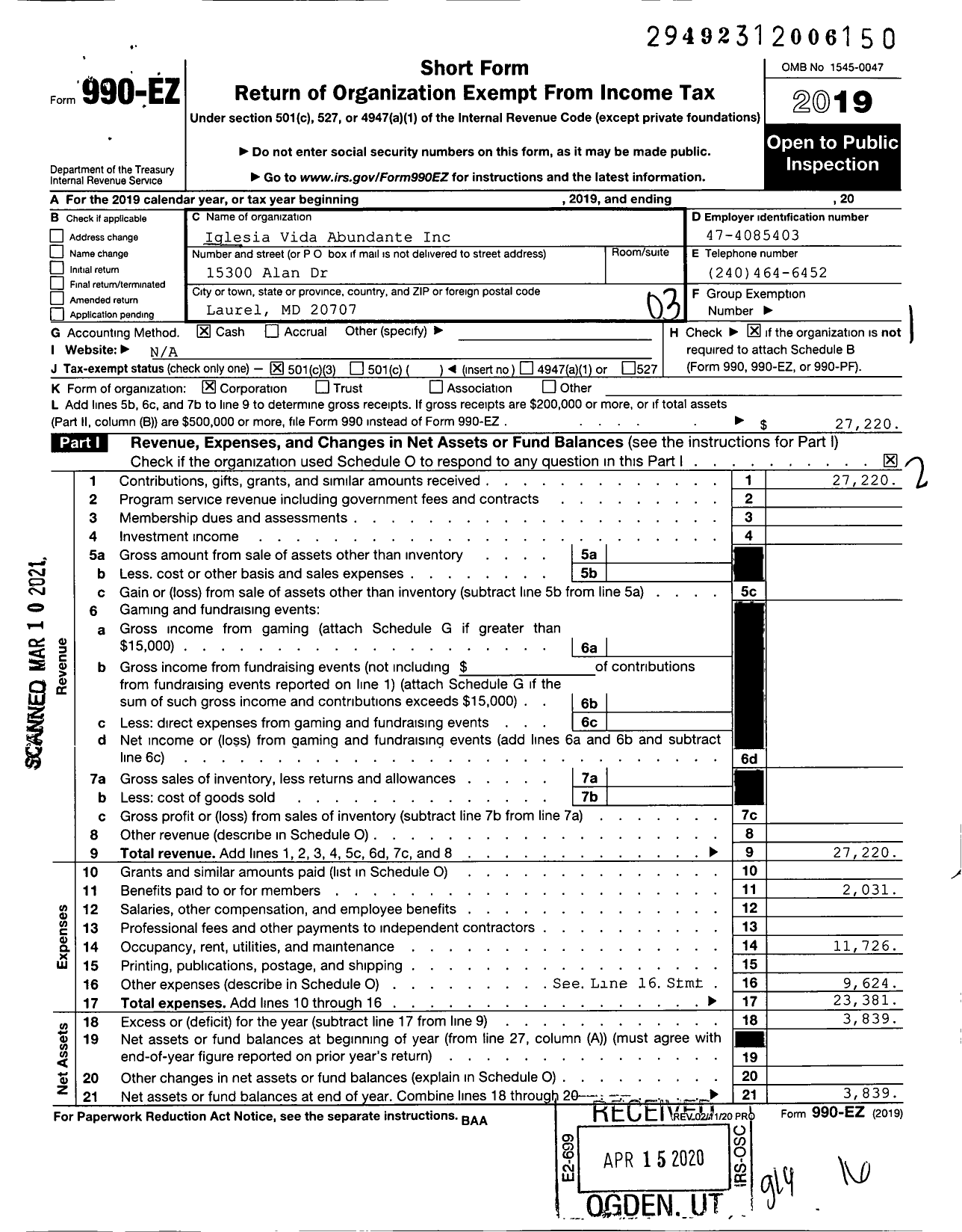 Image of first page of 2019 Form 990EZ for Iglesia Vida Abundante