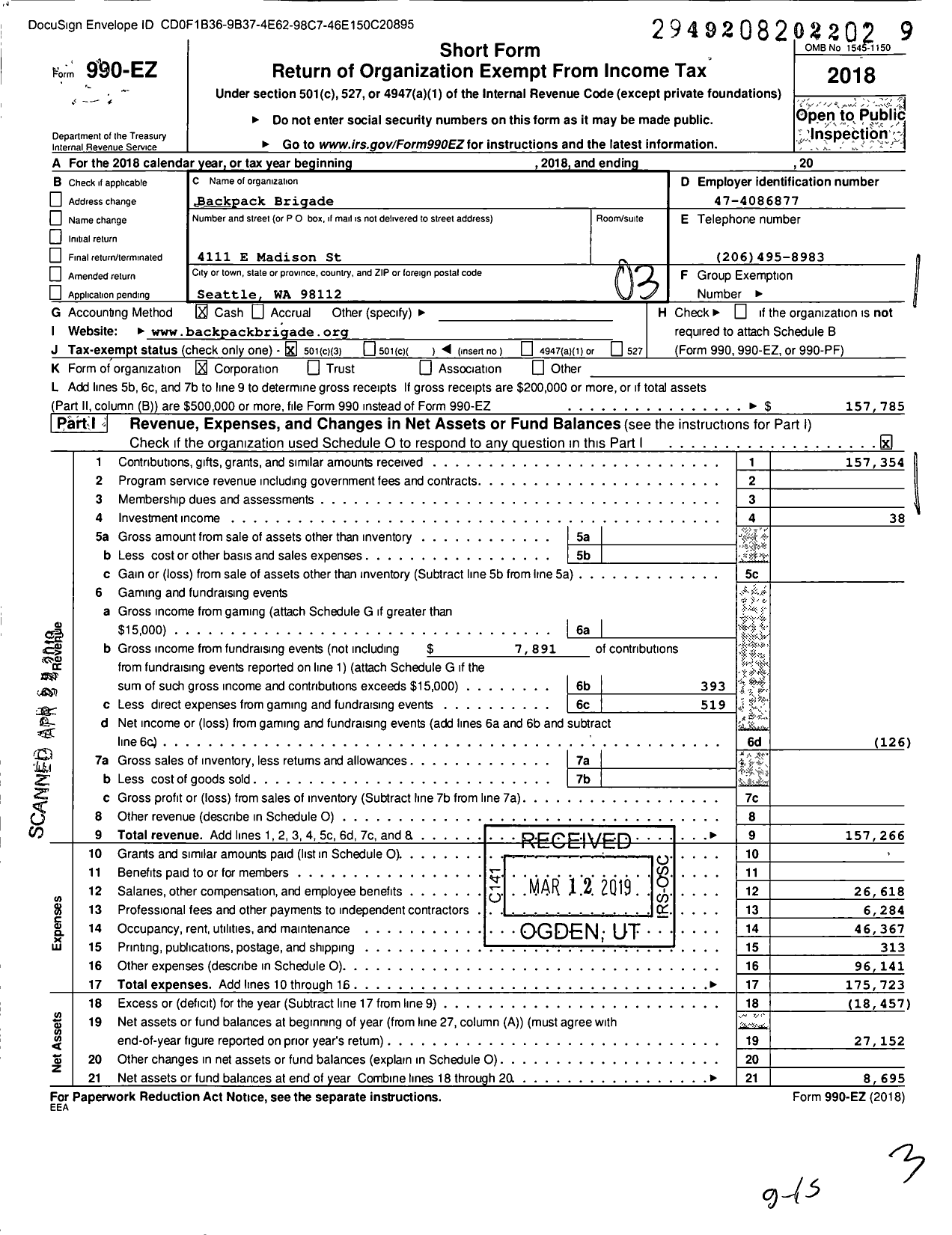 Image of first page of 2018 Form 990EZ for Backpack Brigade