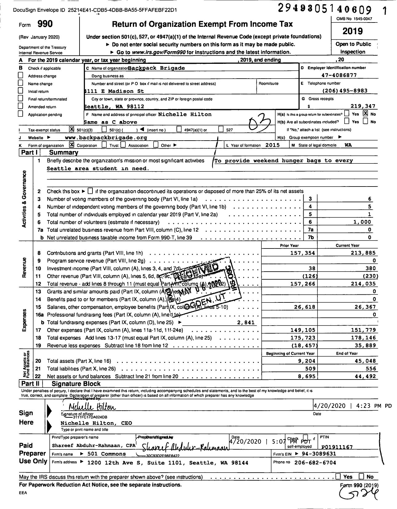Image of first page of 2019 Form 990 for Backpack Brigade
