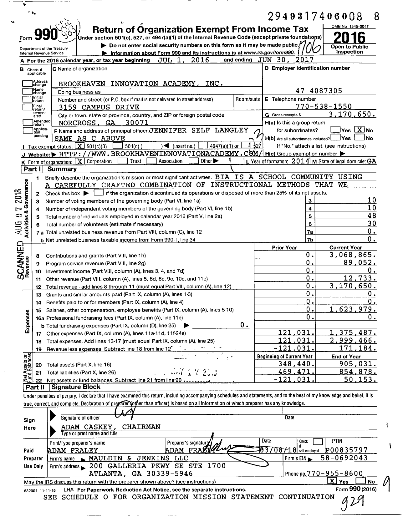 Image of first page of 2016 Form 990 for Brookhaven Innovation Academy