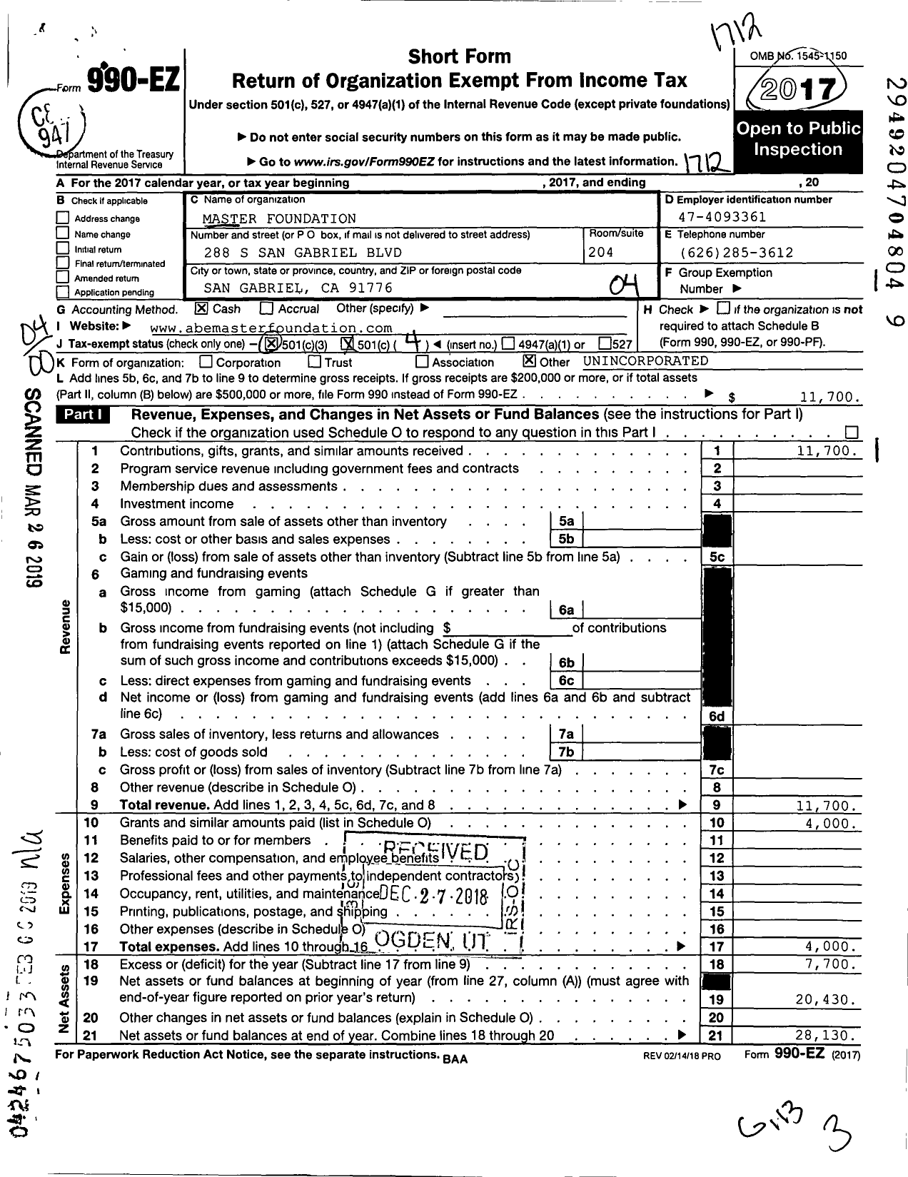 Image of first page of 2017 Form 990EO for Master Foundation