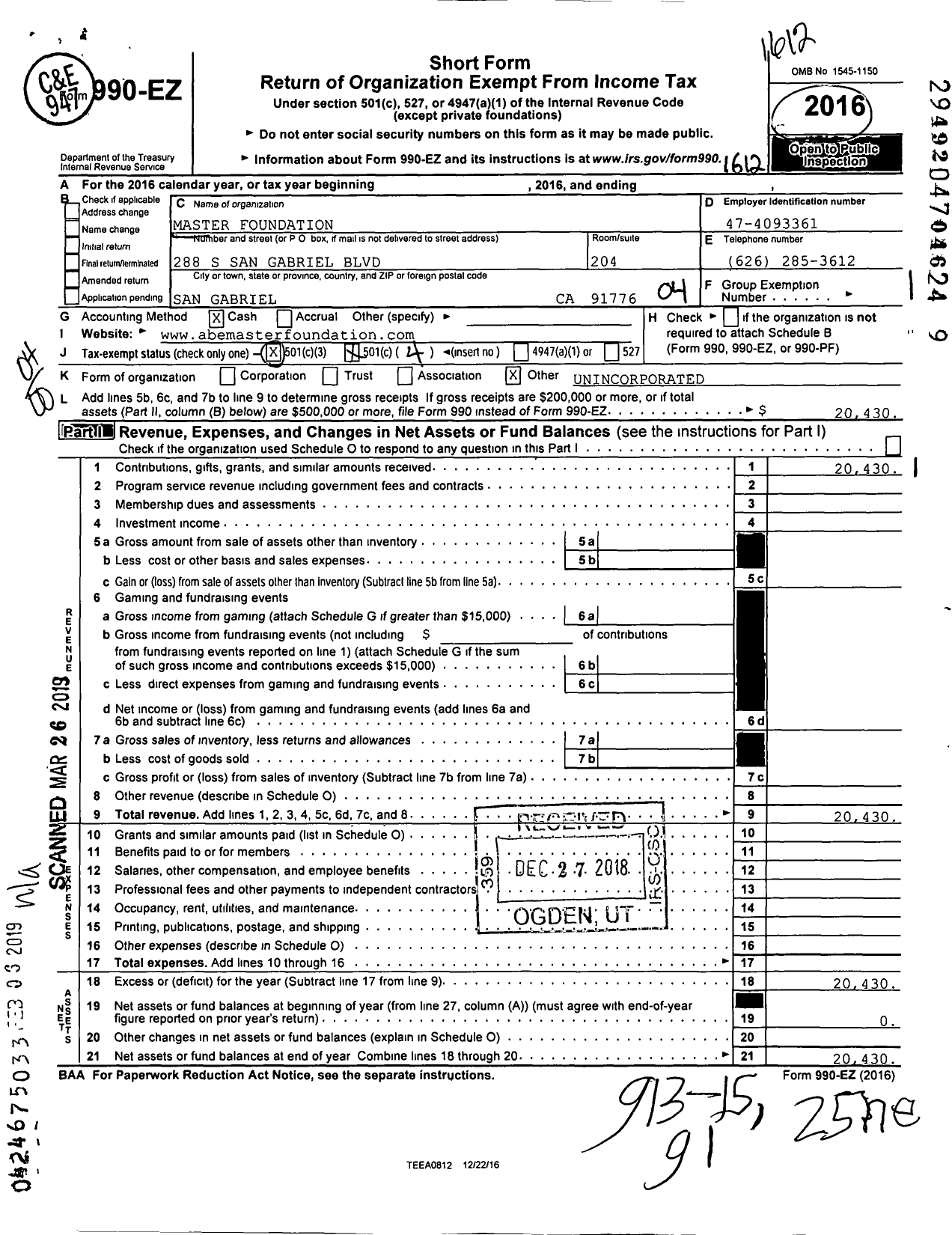 Image of first page of 2016 Form 990EO for Master Foundation