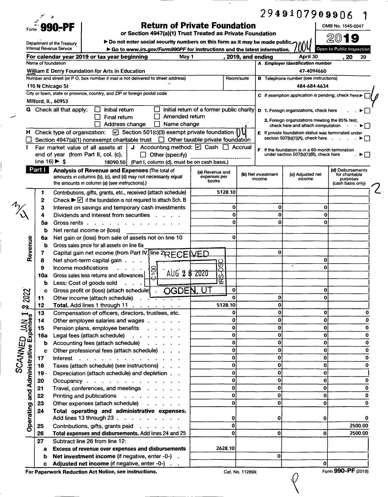 Image of first page of 2019 Form 990PF for William E Derry Foundation for Arts in Education