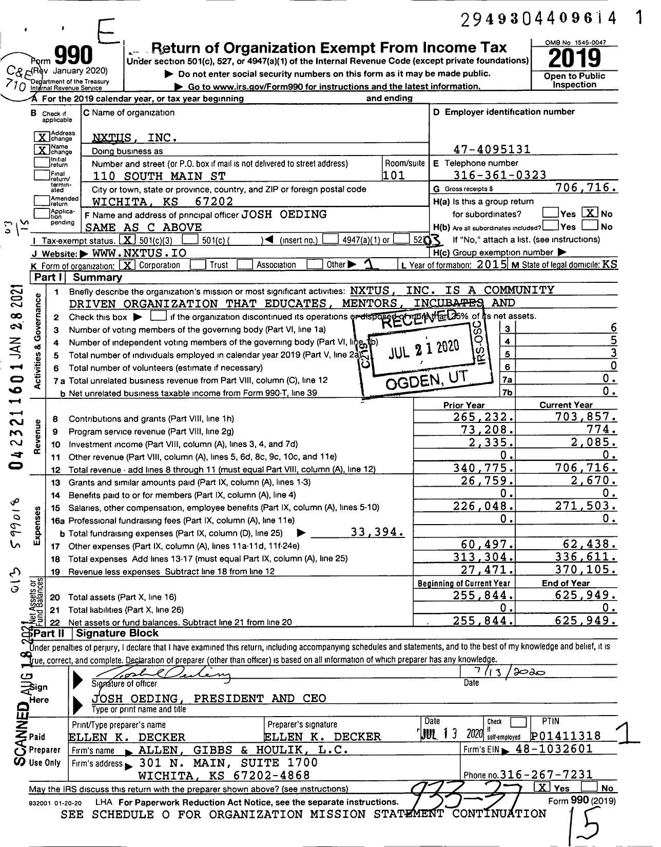 Image of first page of 2019 Form 990 for Nxtus