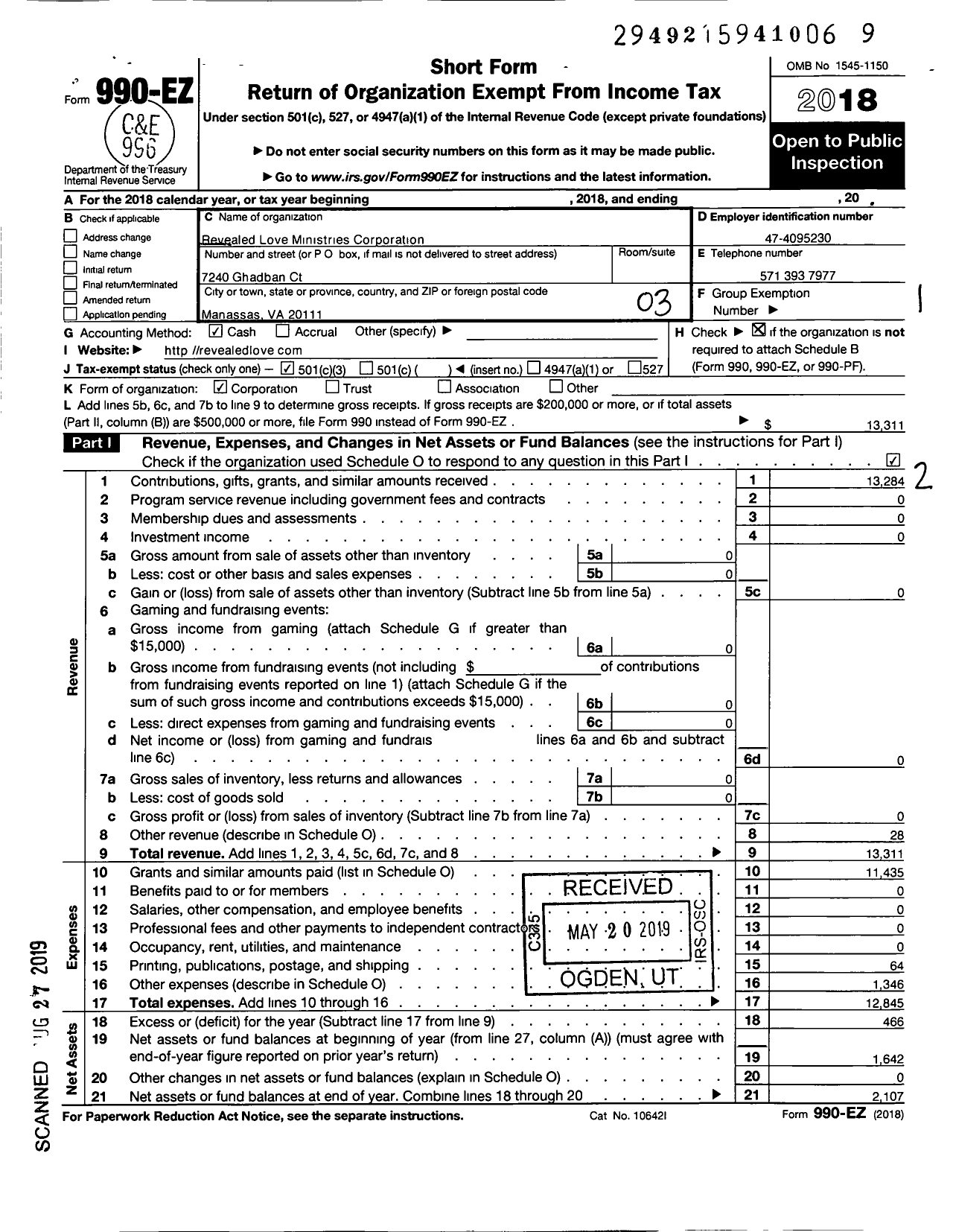 Image of first page of 2018 Form 990EZ for Revealed Love Ministries Corporation