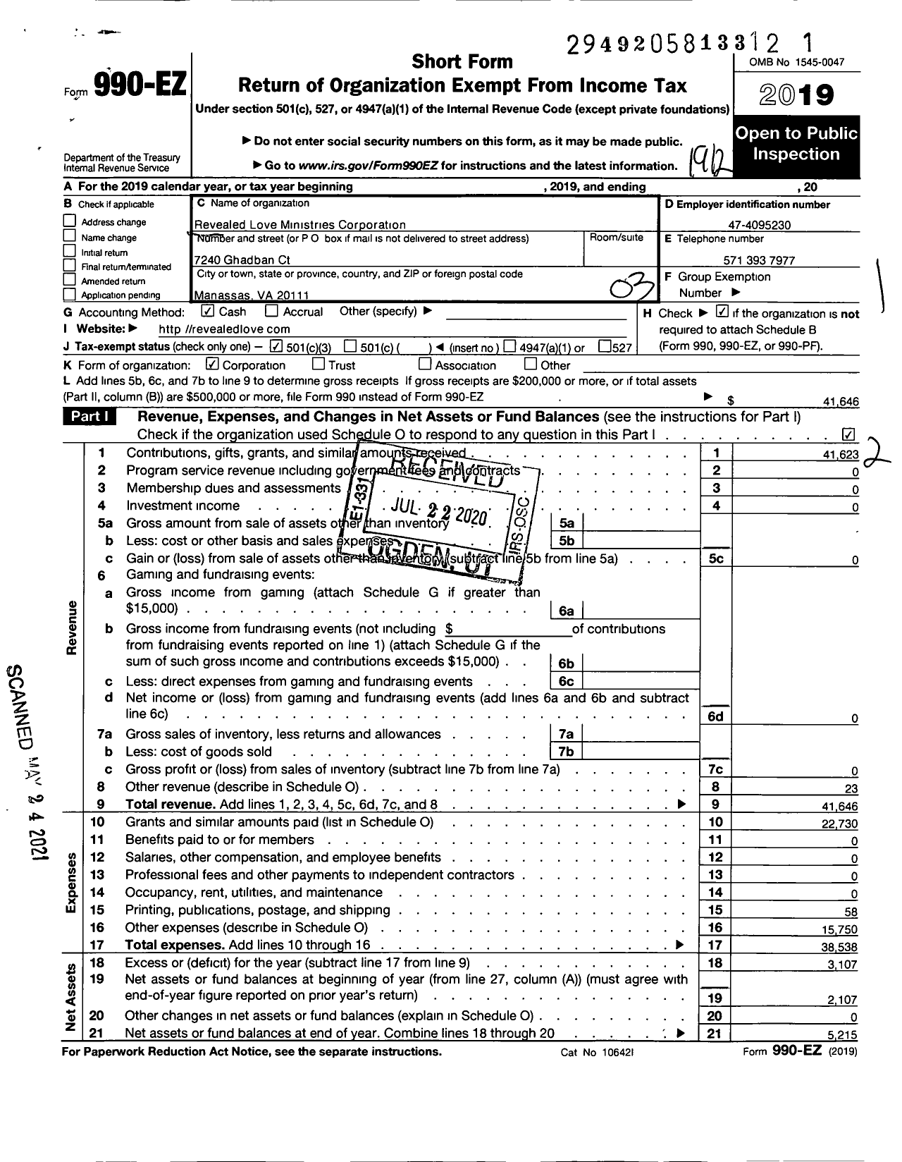 Image of first page of 2019 Form 990EZ for Revealed Love Ministries Corporation