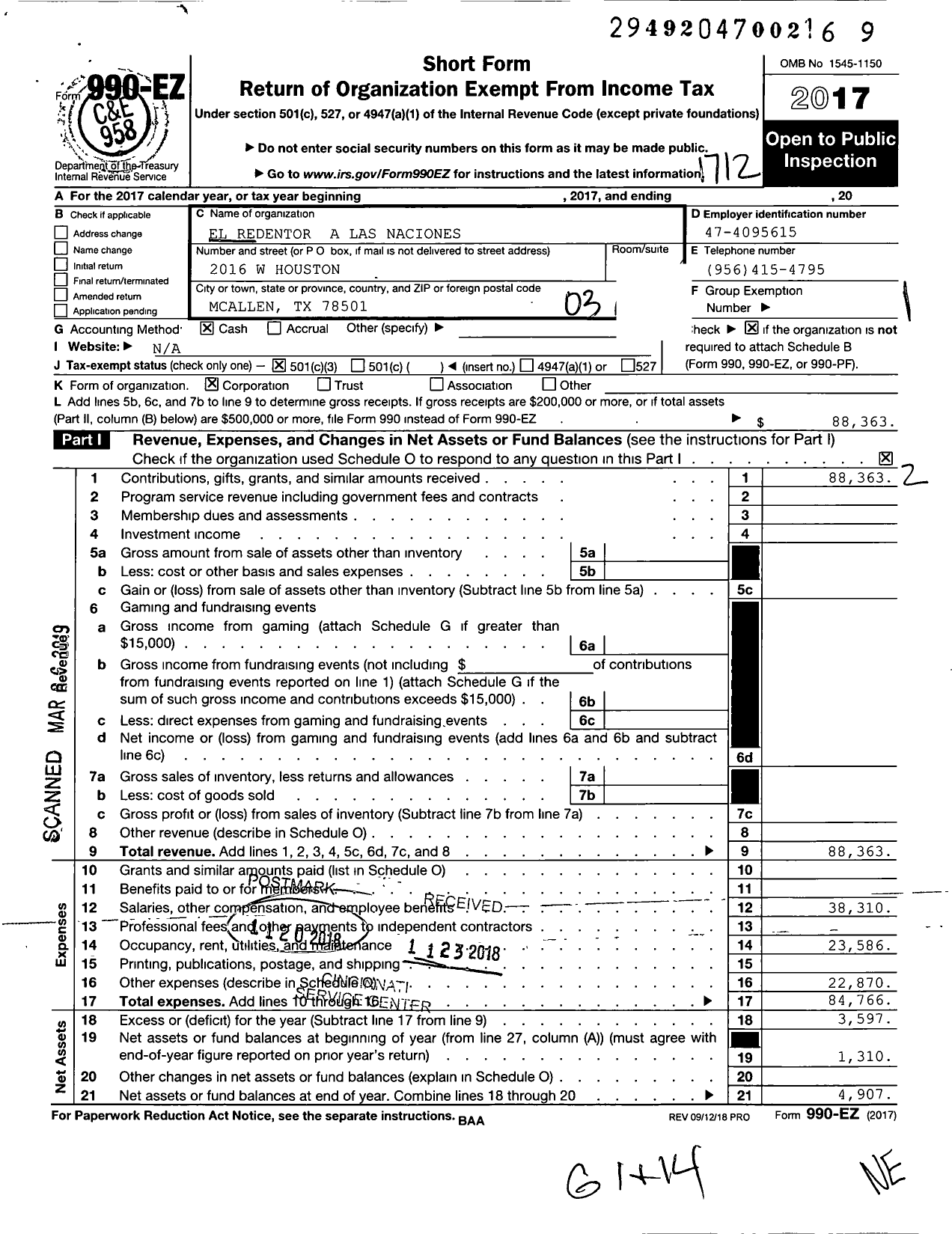 Image of first page of 2017 Form 990EZ for El Redentor A Las Naciones