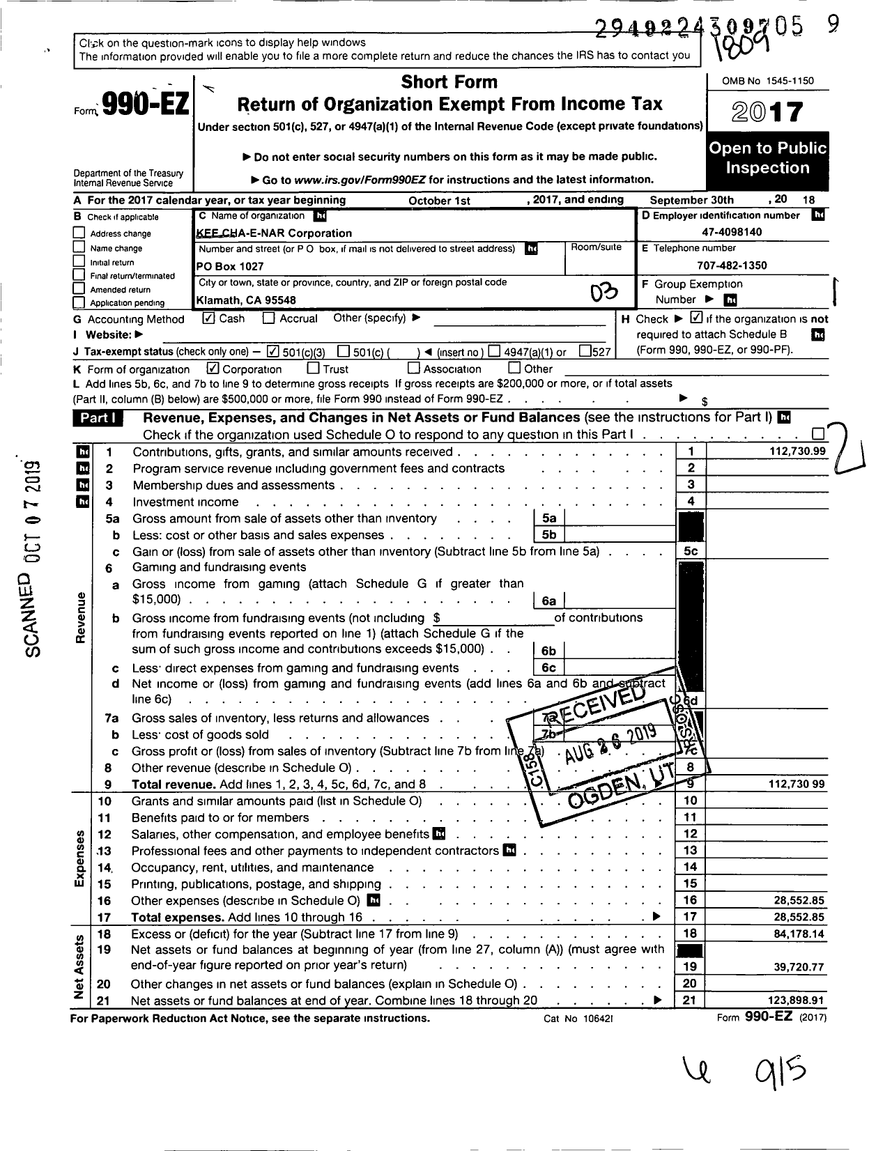 Image of first page of 2017 Form 990EZ for Kee Cha-E-Nar Corporation