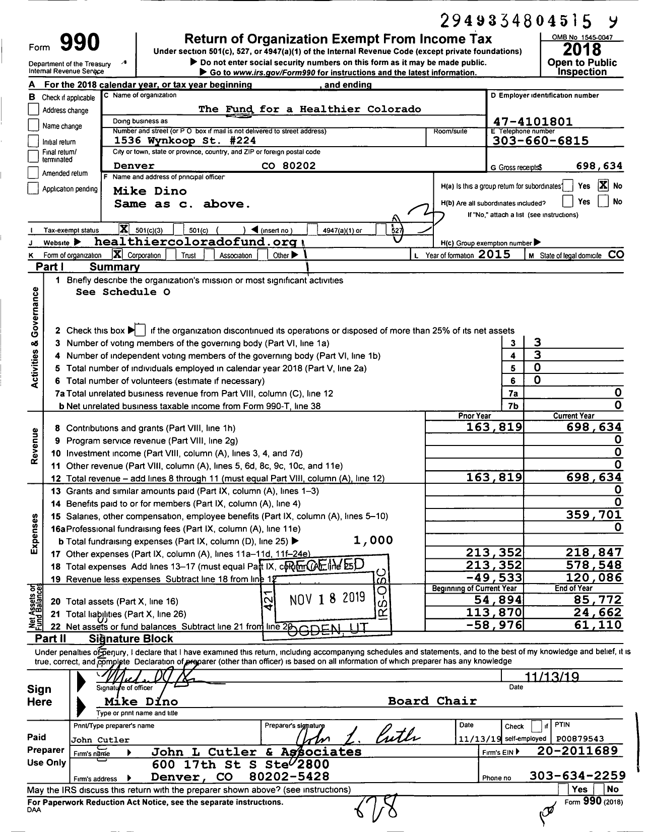 Image of first page of 2018 Form 990 for The Fund for A Healthier Colorado