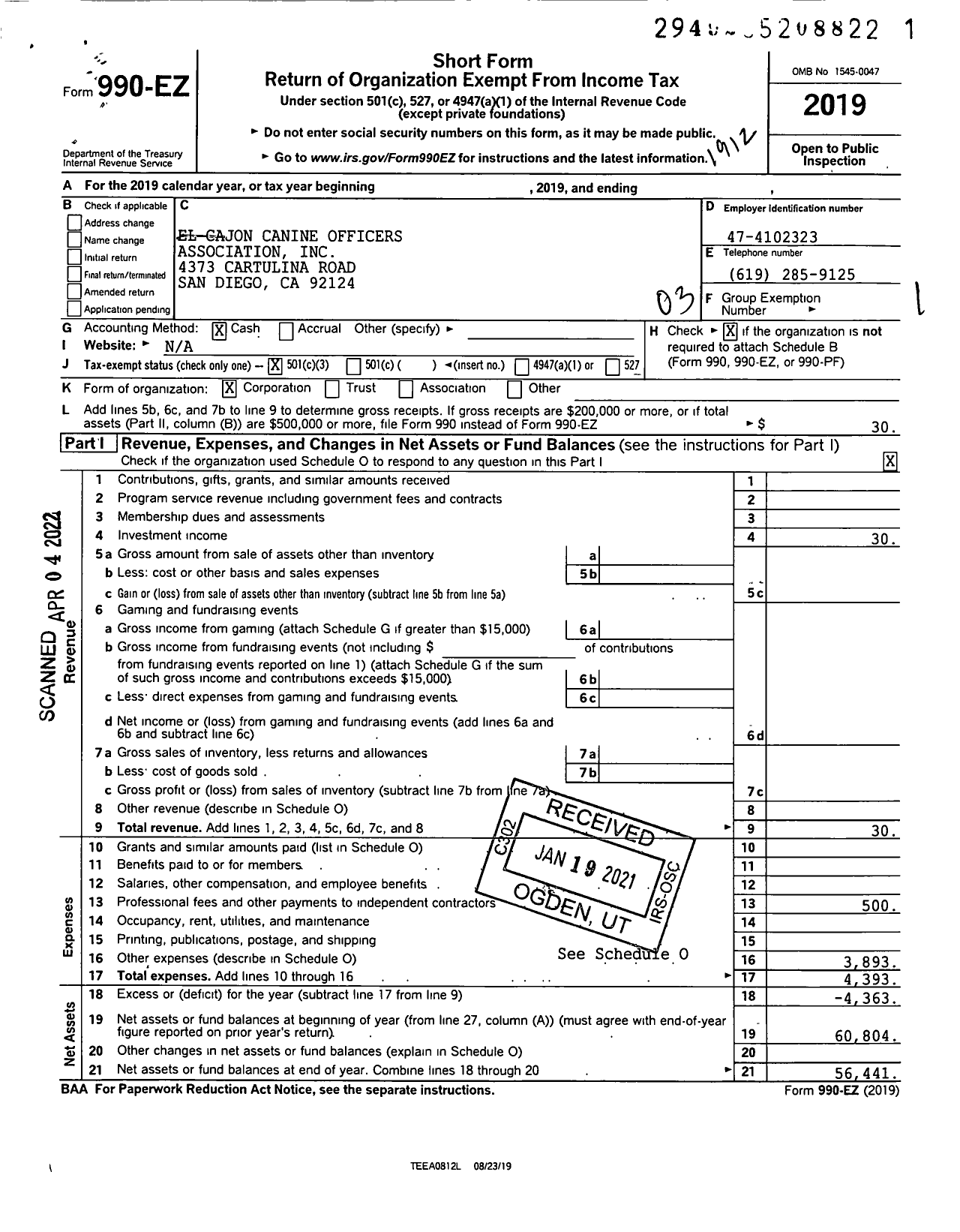 Image of first page of 2019 Form 990EZ for El Cajon Canine Officers Association