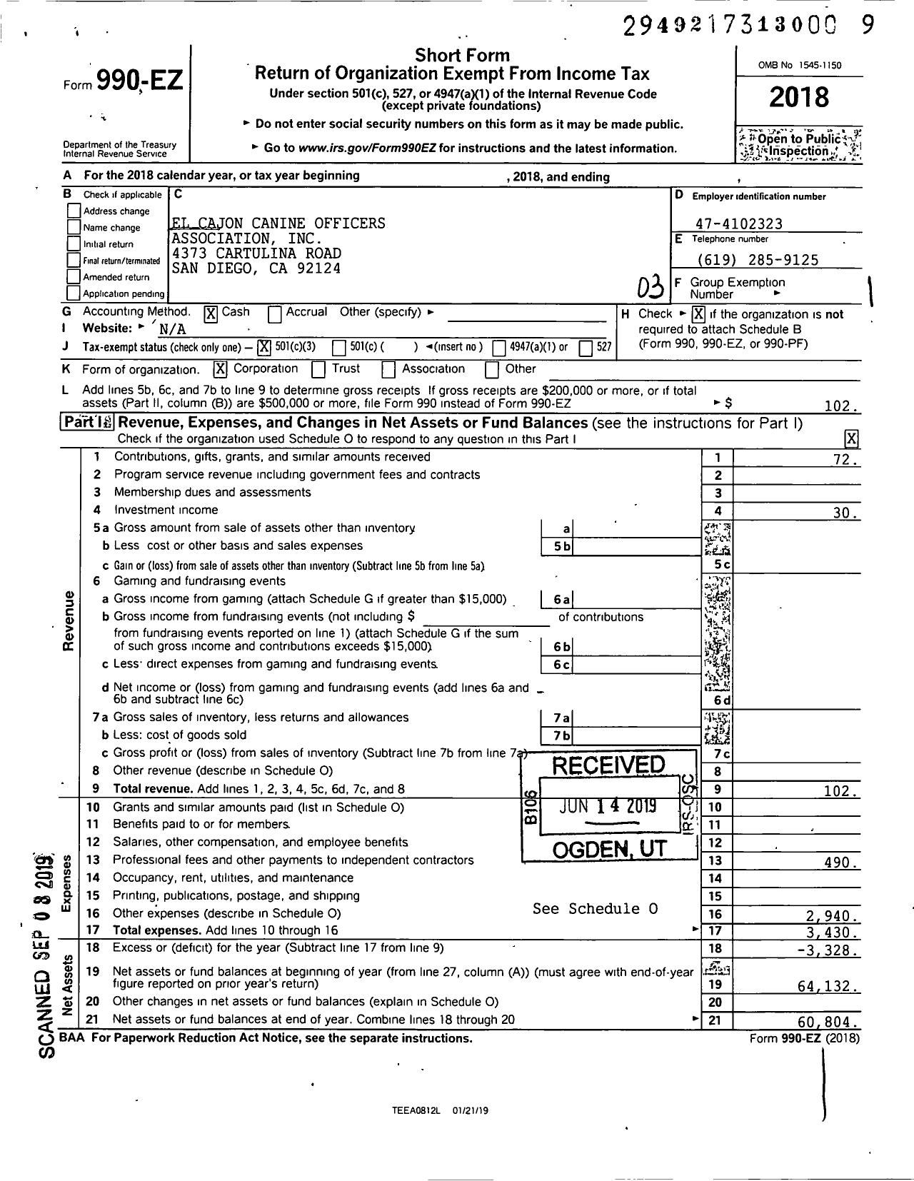 Image of first page of 2018 Form 990EZ for El Cajon Canine Officers Association