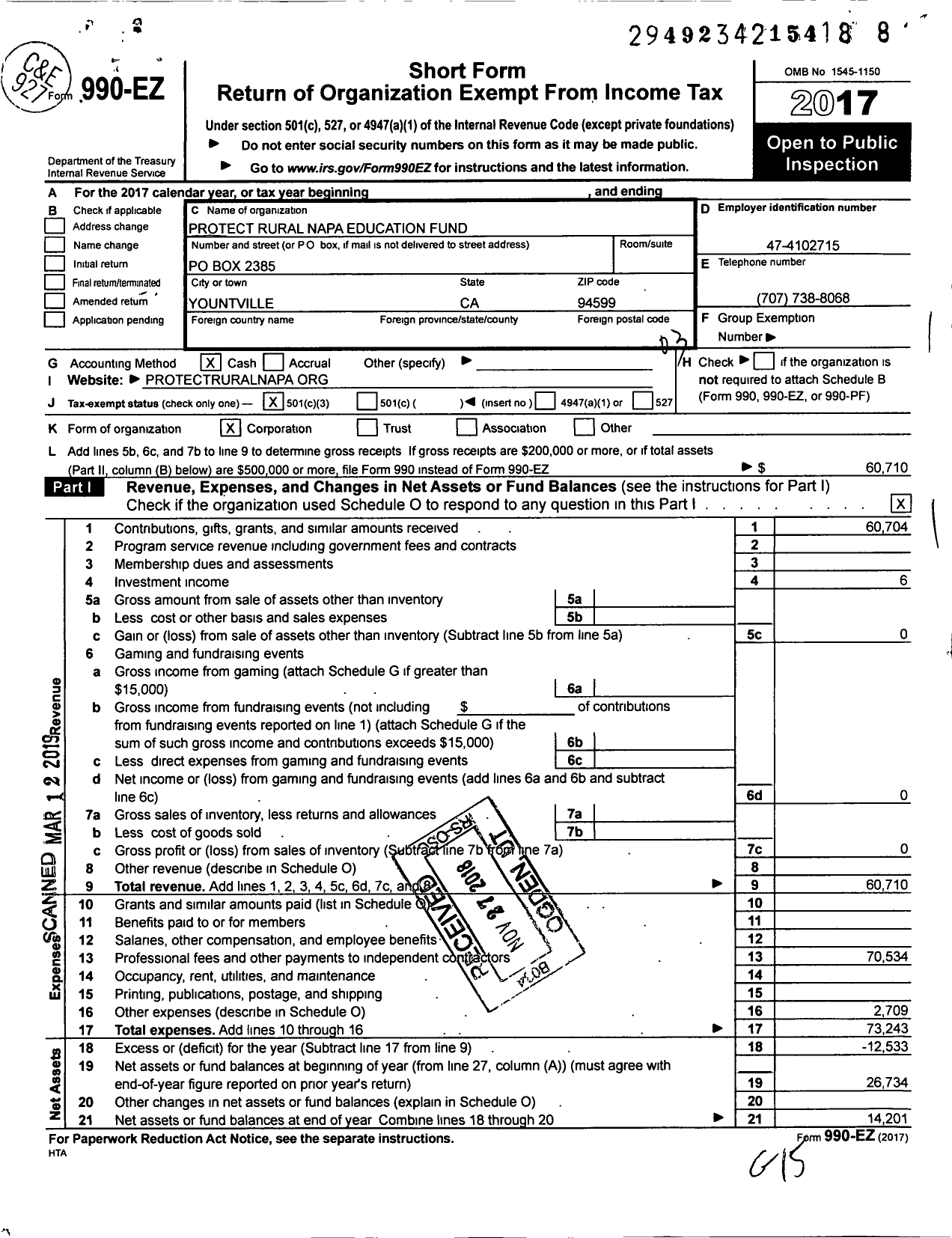 Image of first page of 2017 Form 990EZ for Protect Rural Napa Education Fund