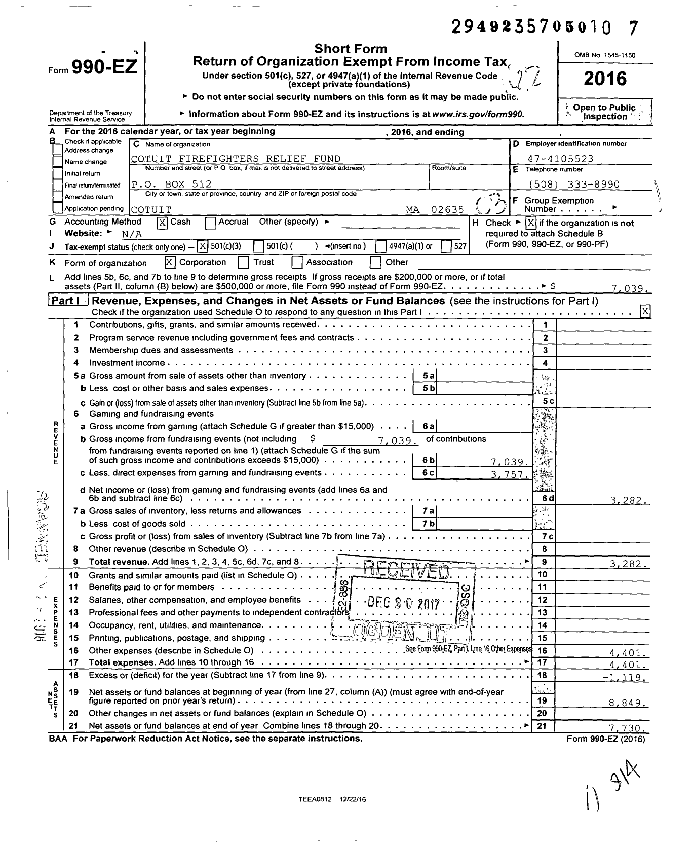 Image of first page of 2016 Form 990EZ for Cotuit Firefighters Relief Fund