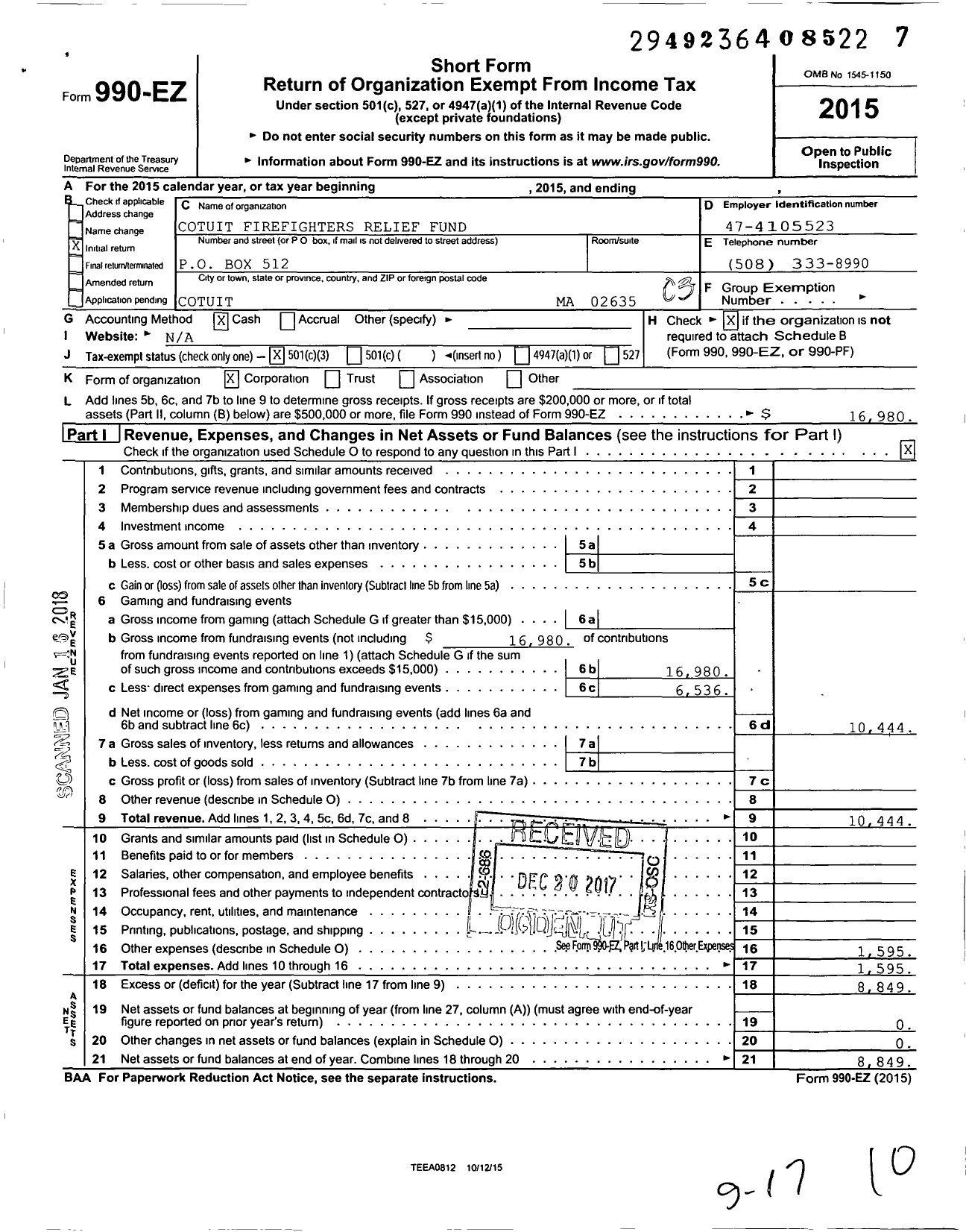 Image of first page of 2015 Form 990EZ for Cotuit Firefighters Relief Fund