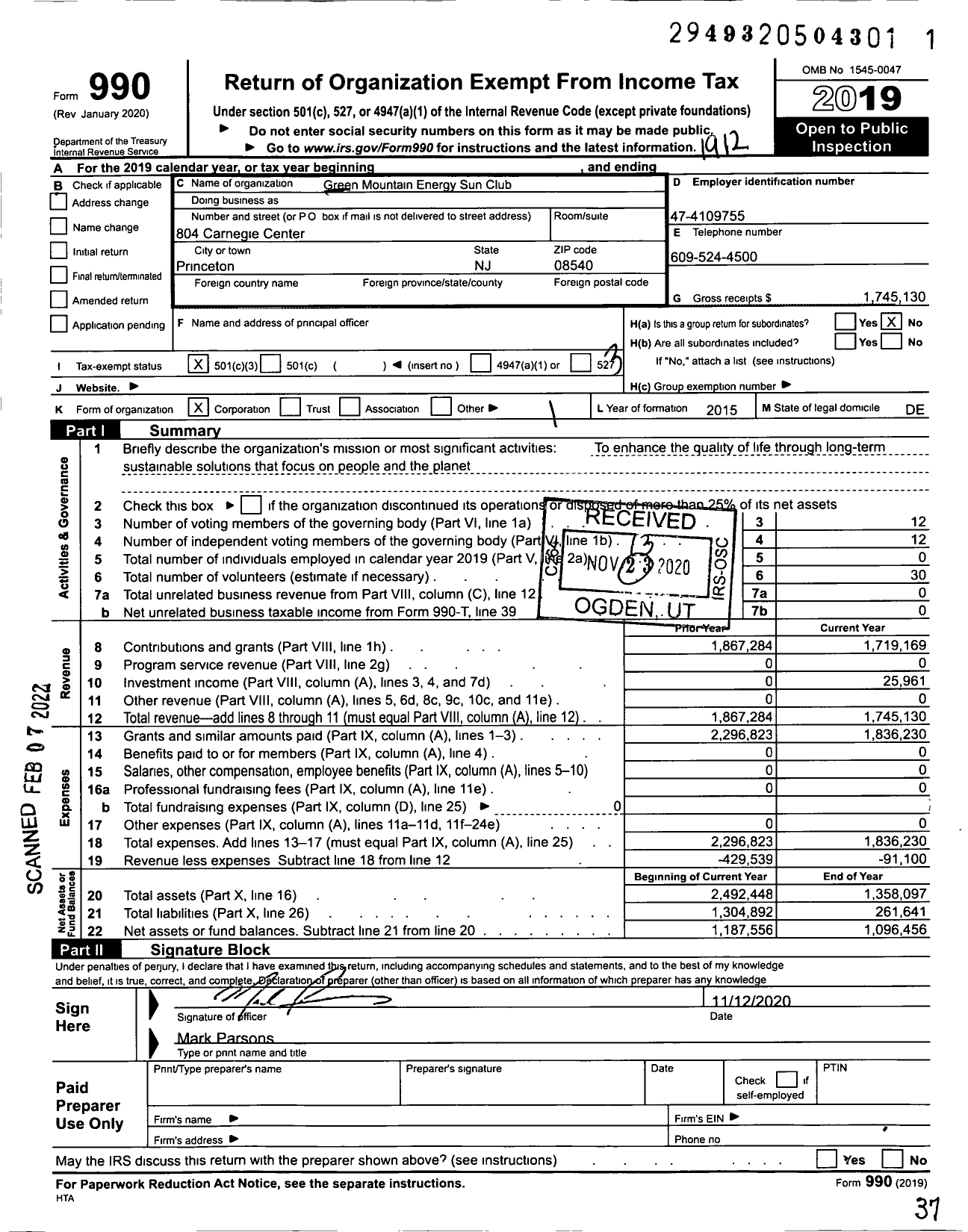 Image of first page of 2019 Form 990 for Green Mountain Energy Sun Club