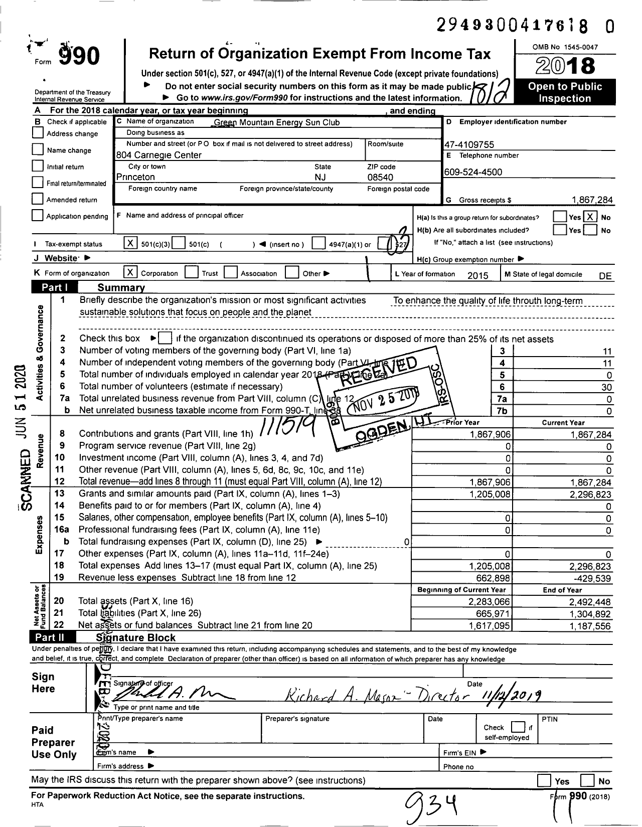Image of first page of 2018 Form 990 for Green Mountain Energy Sun Club