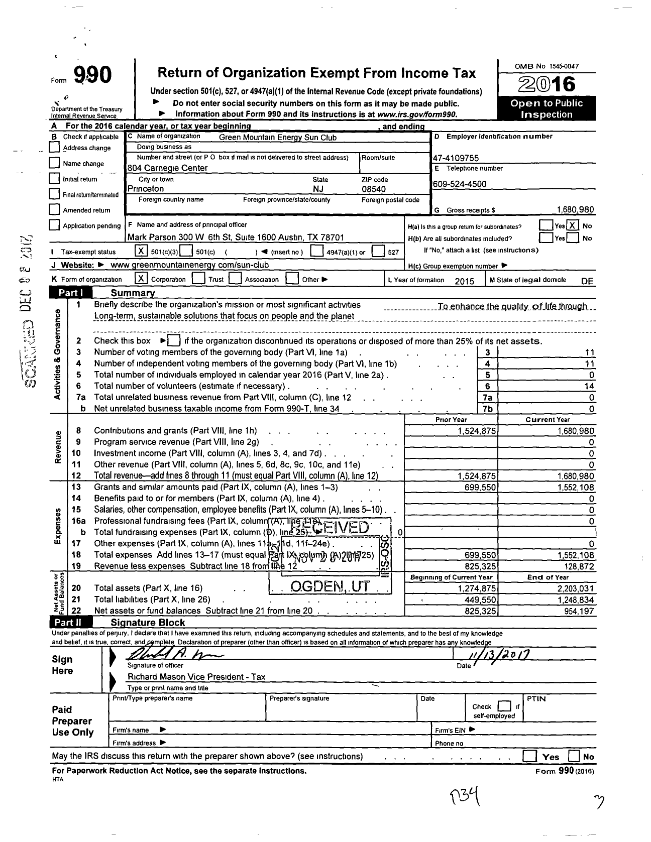 Image of first page of 2016 Form 990 for Green Mountain Energy Sun Club