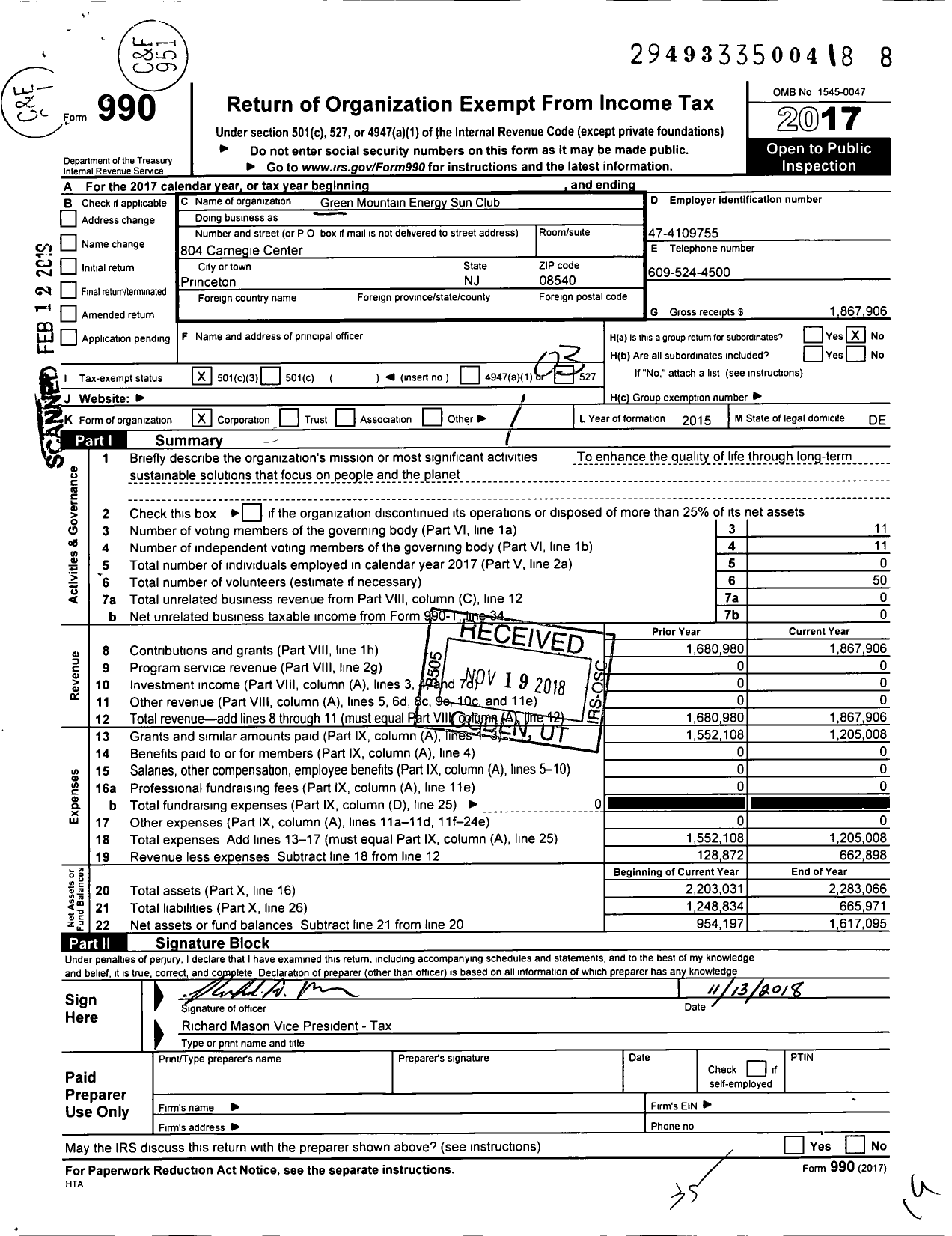 Image of first page of 2017 Form 990 for Green Mountain Energy Sun Club