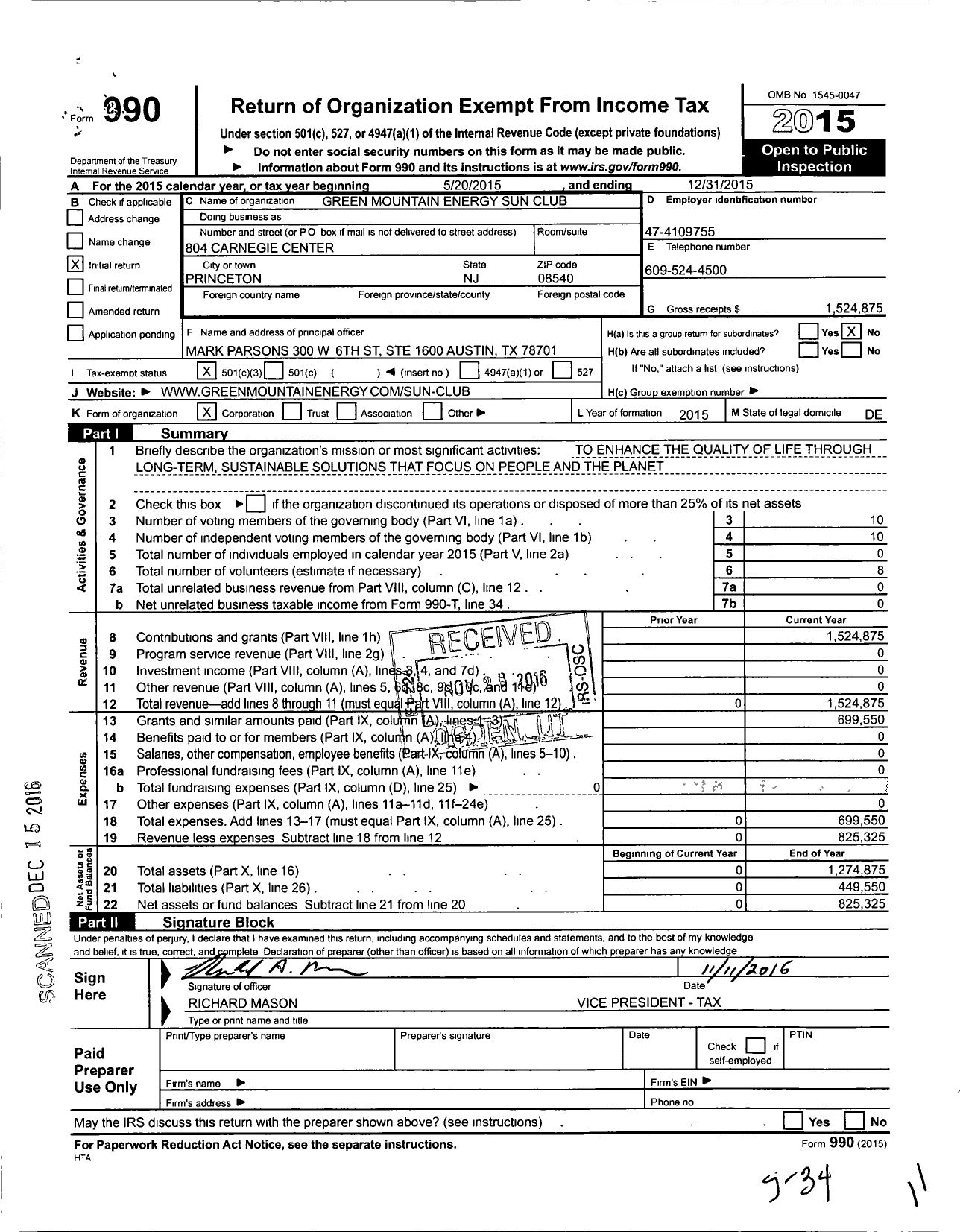 Image of first page of 2015 Form 990 for Green Mountain Energy Sun Club