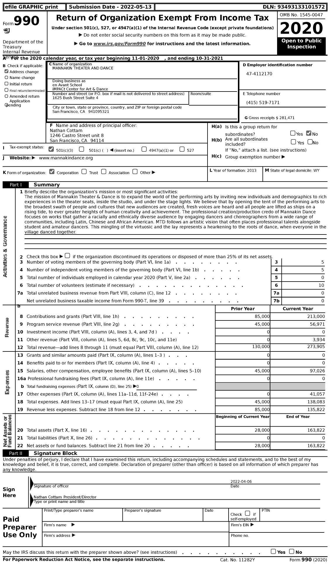 Image of first page of 2020 Form 990 for en Avant School of Dance iMPACt Center for Art & Dance