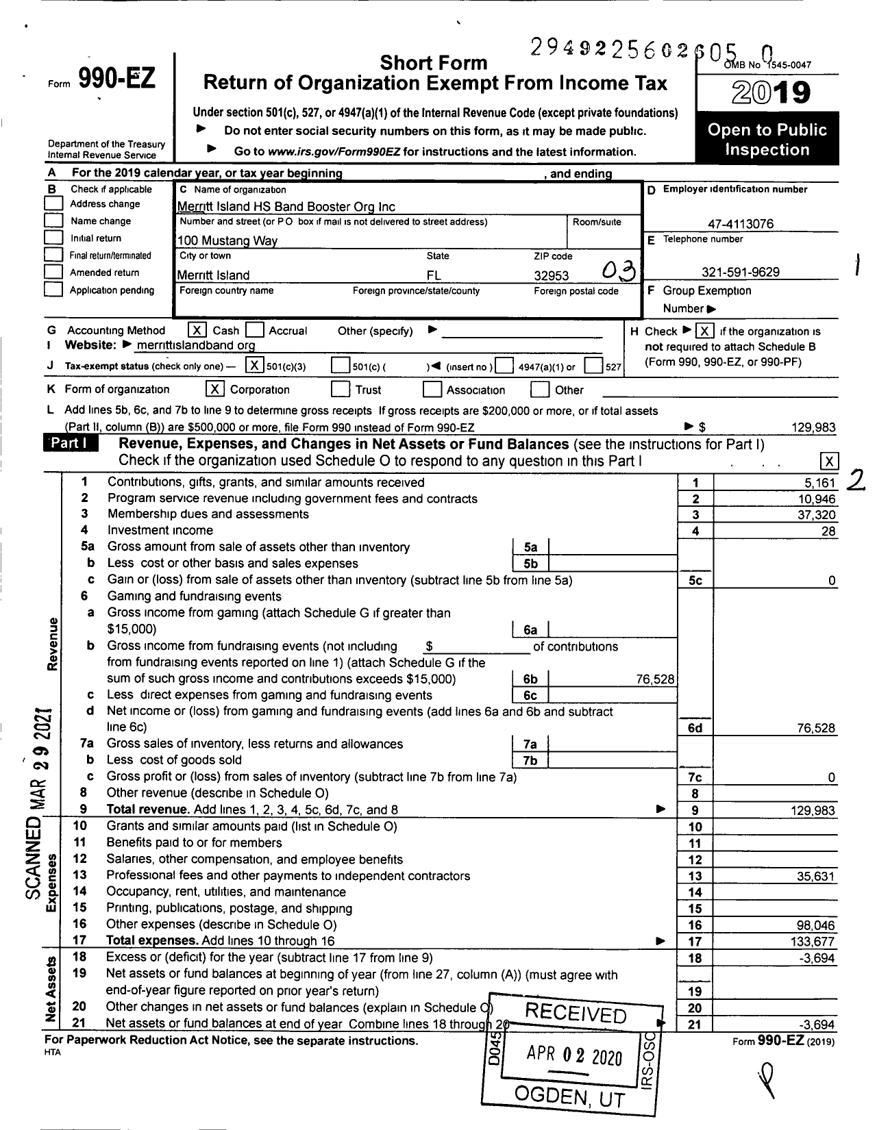 Image of first page of 2019 Form 990EZ for Merritt Island High School Band Booster Organization Incorporated