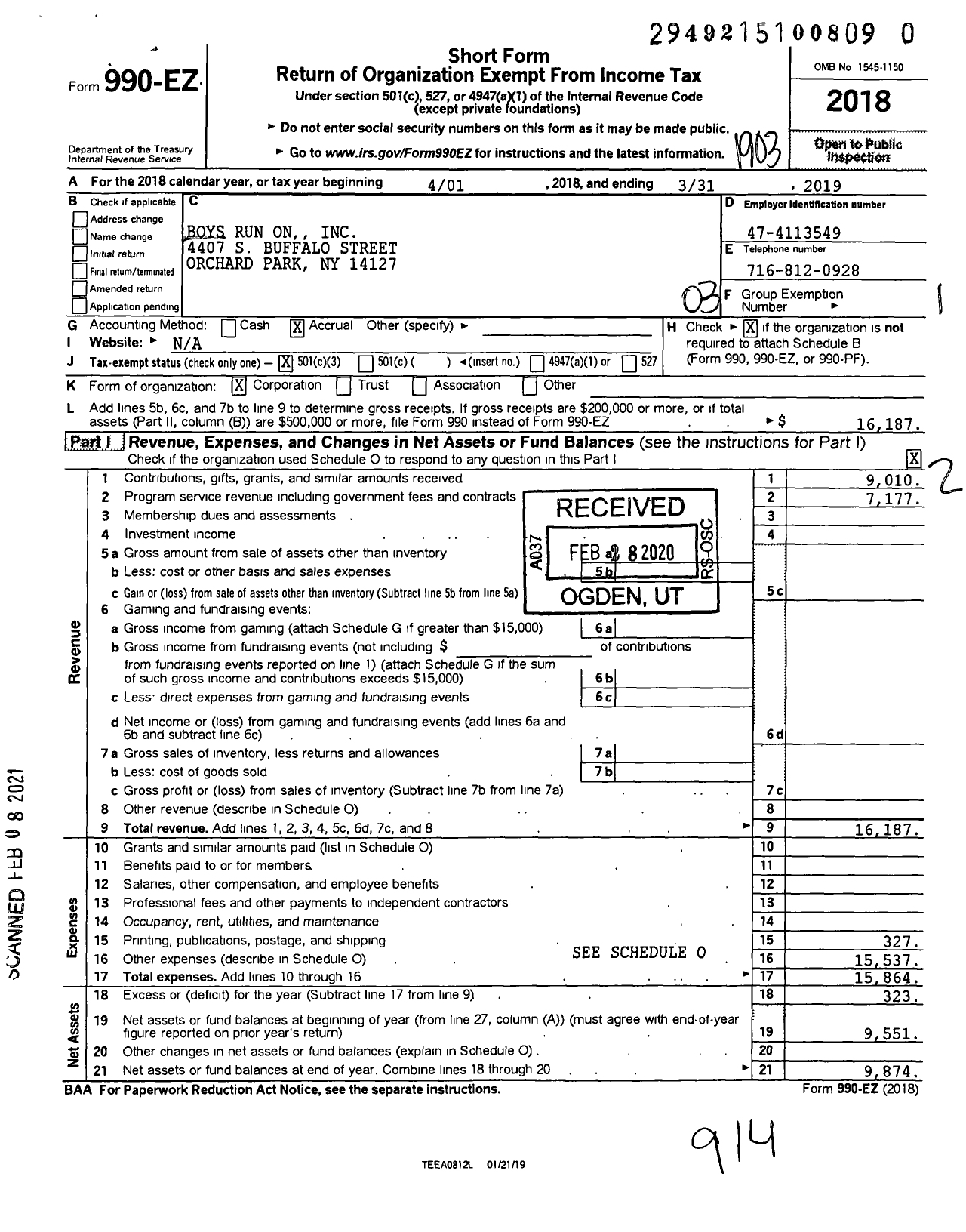 Image of first page of 2018 Form 990EZ for Boys Run on