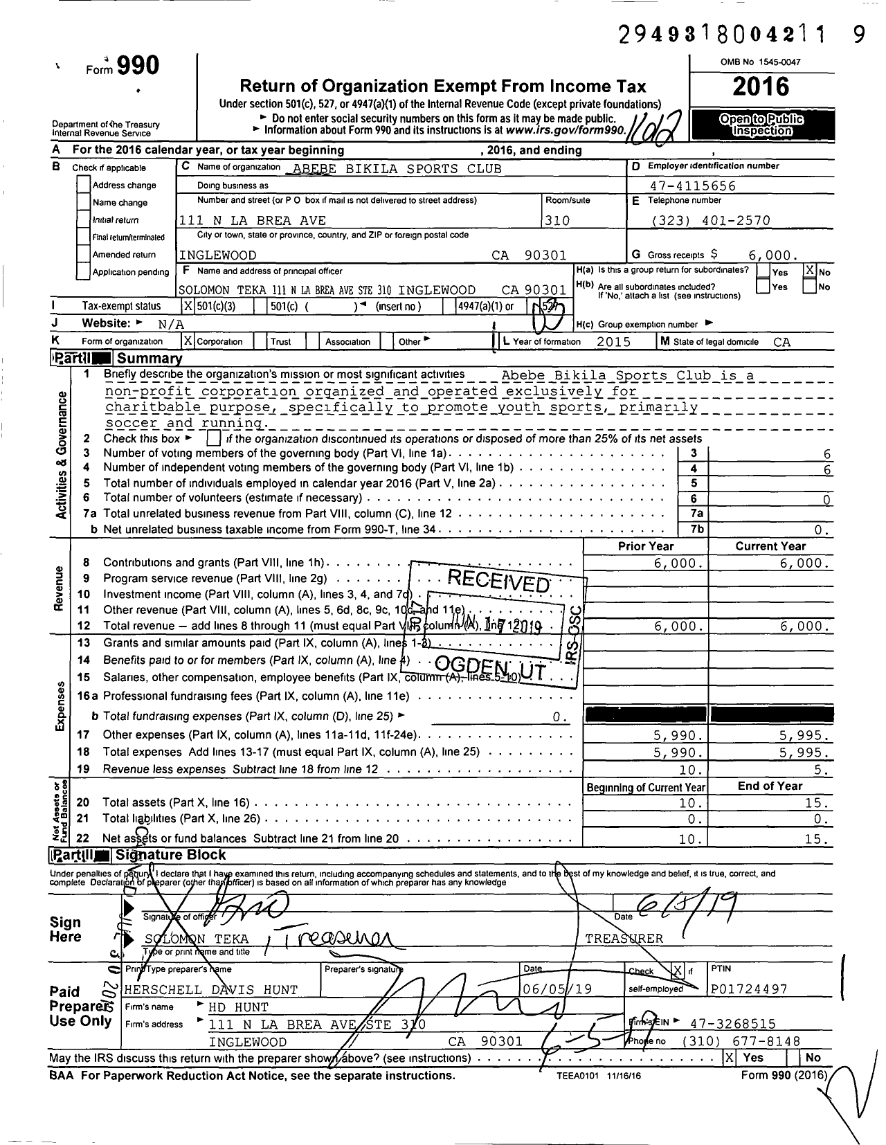 Image of first page of 2016 Form 990 for Abebe Bikila Sports Club