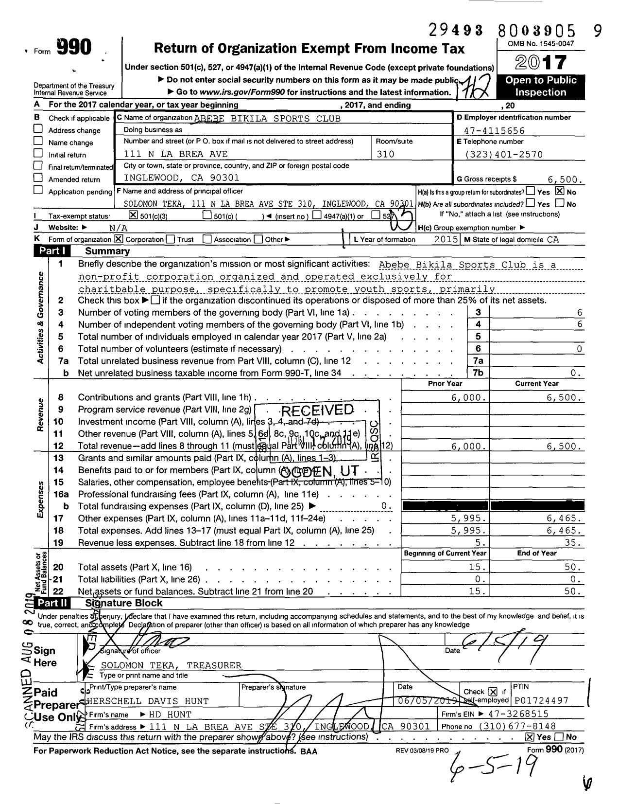 Image of first page of 2017 Form 990 for Abebe Bikila Sports Club