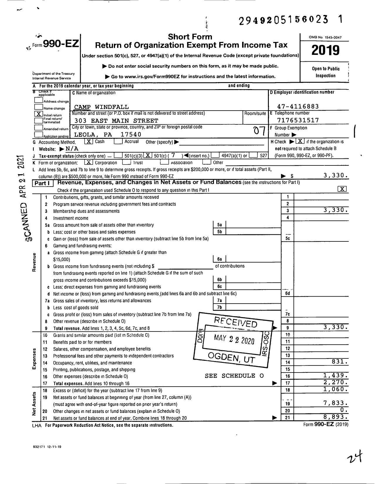 Image of first page of 2019 Form 990EO for Camp Windfall