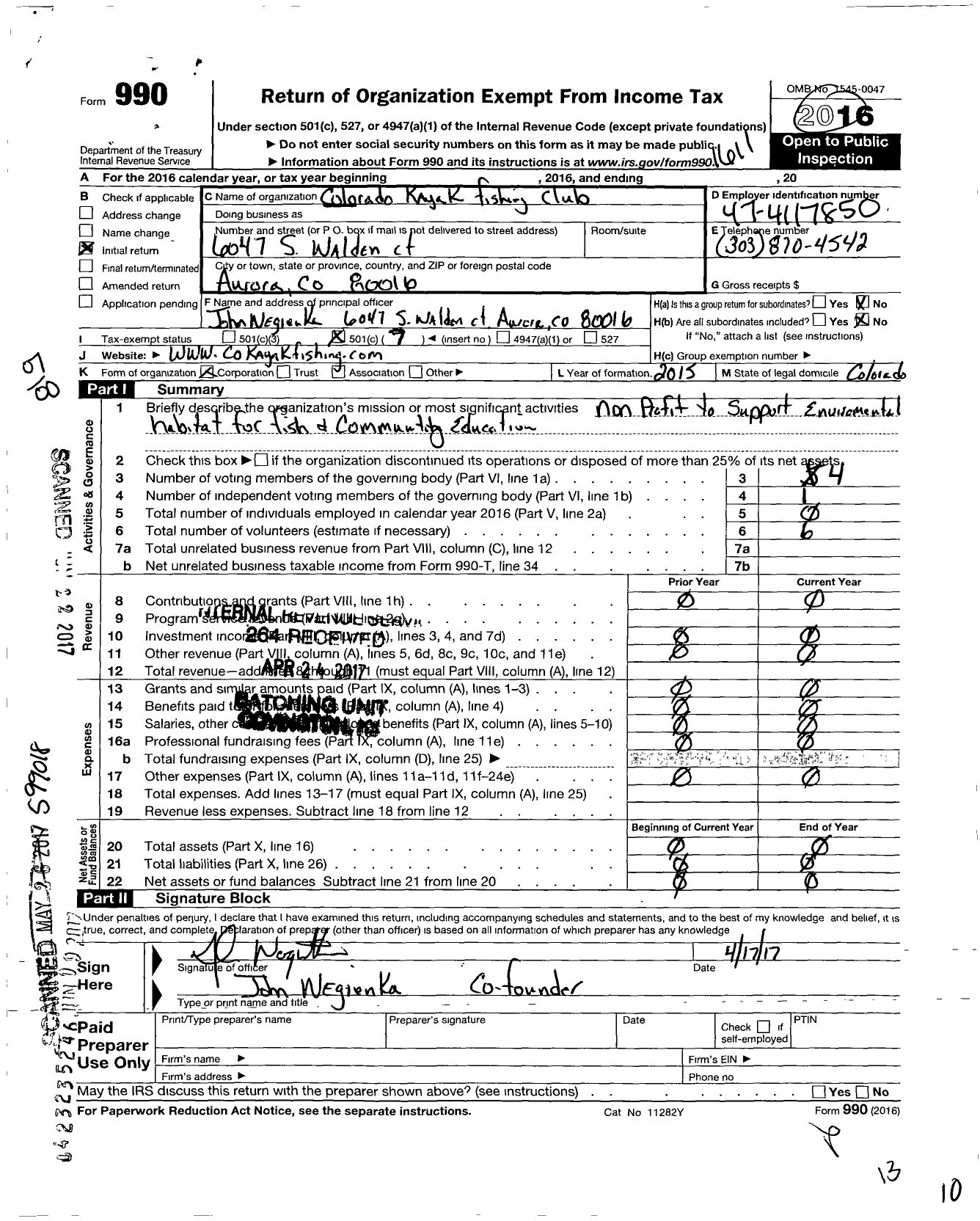 Image of first page of 2015 Form 990O for Colorado Kayak Fishing Club