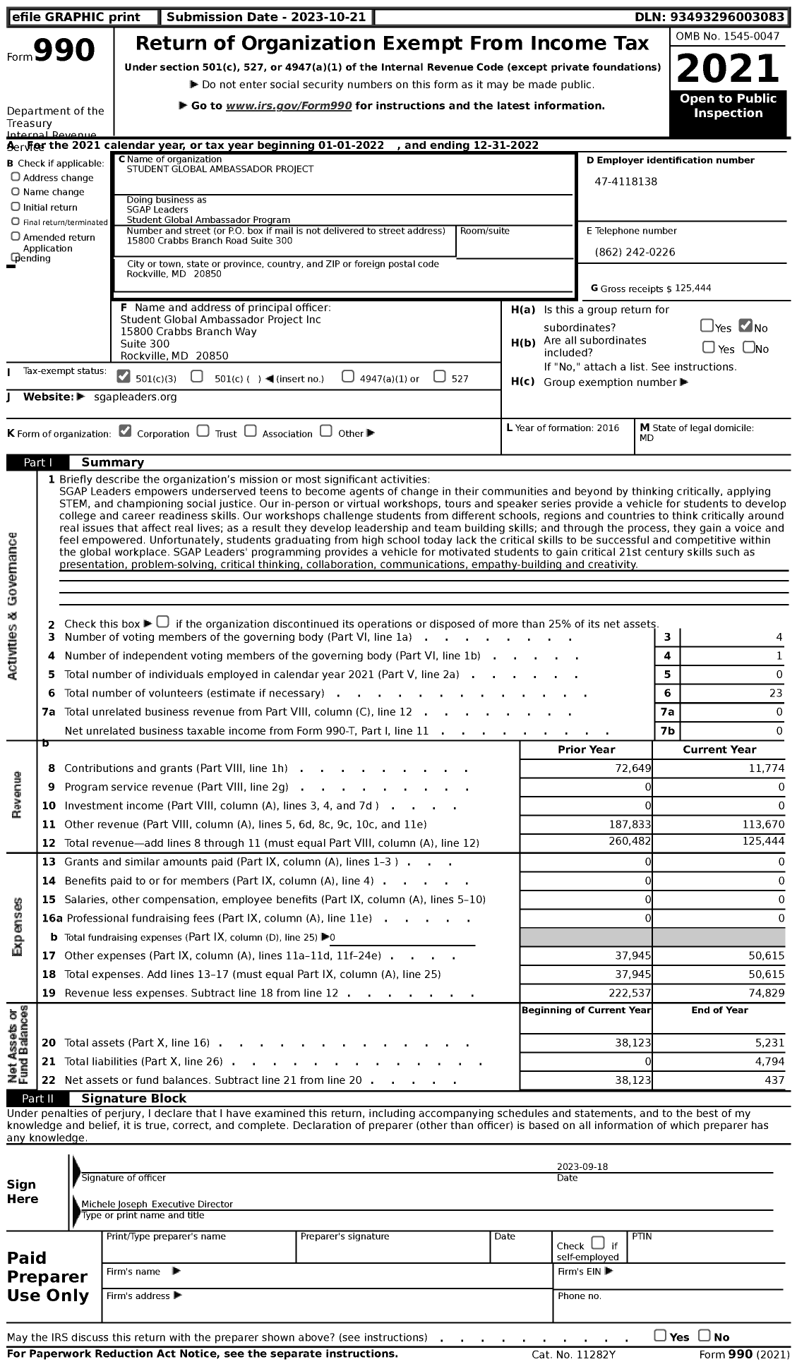 Image of first page of 2022 Form 990 for SGAP Leaders Student Global Ambassador Program