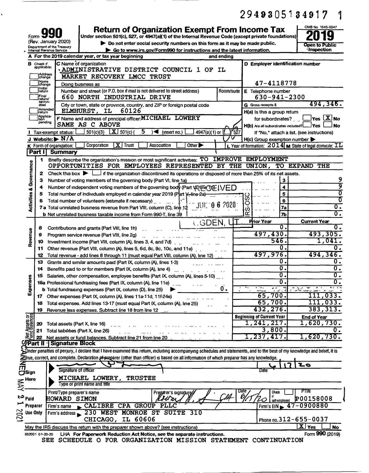 Image of first page of 2019 Form 990O for Administrative District Council 1 of Il Market Recovery LMCC Trust