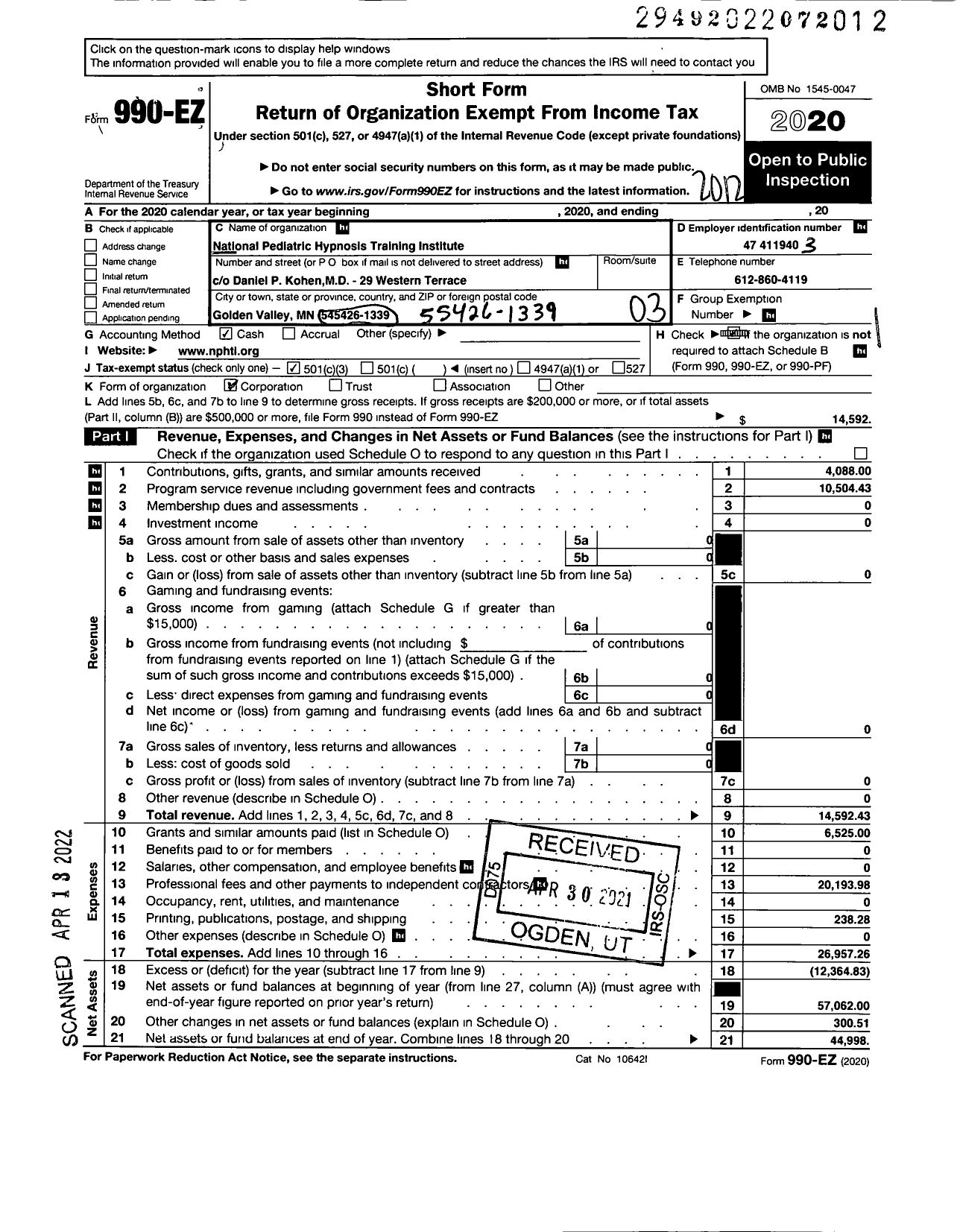 Image of first page of 2020 Form 990EZ for National Pediatric Hypnosis Training Institute