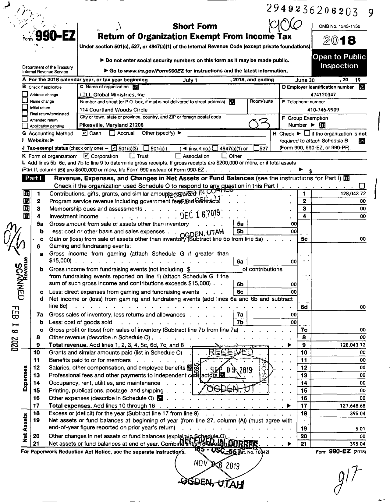 Image of first page of 2018 Form 990EZ for LTLL Global Ministries